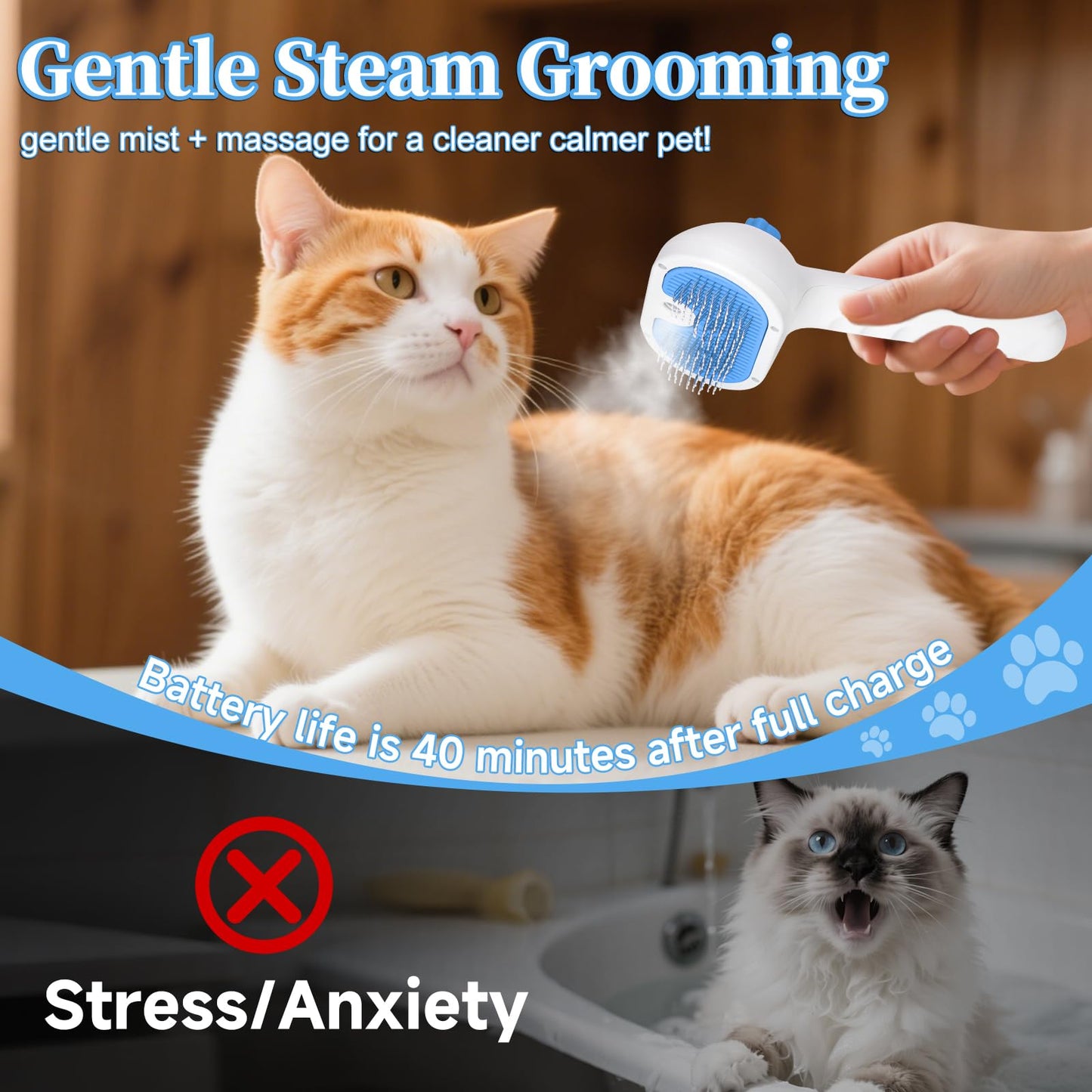 Pet Steam Brush for Dog & Cat - 3-in-1 Steam Grooming Brush for Shedding & Hair Removal - Self Cleaning Spray Comb with Mist for Long Haired Pets - Includes 1*Waterless Shampoo, Blue