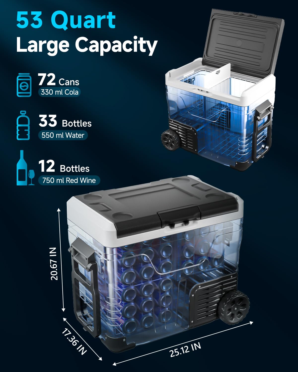 Feelfunn Car Fridge Portable 12 Volt Refrigerator - 53 Quart(50L) Electric Cooler with 12/24V DC&110-240V AC for Truck Van RV Camper SUV, 12v Cooler with Wheels for Camping Boat Travel, -4~68°F