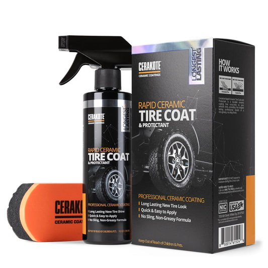 CERAKOTE Rapid Ceramic Tire Coat – Showroom New Tire Shine – Deep Tire Black Finish – Lasts Up to 10x Longer – No Sling, Non-Greasy Ceramic Tire Coating for Car, Truck & SUV – Easy Application (10oz)