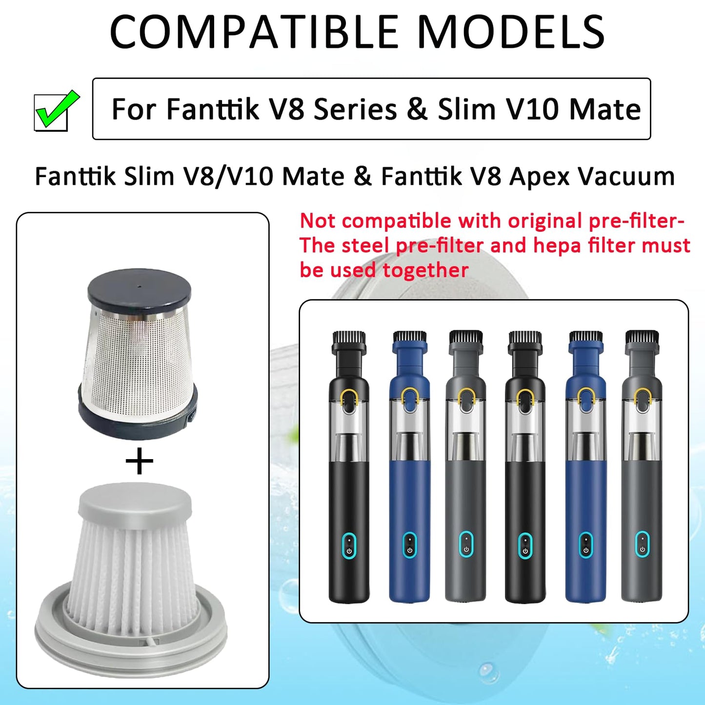 6 pack Washable Hepa with 2 pack Stainless Steel Pre-filter,Hepa Filter Replacement Compatible with Fanttik V8 Series (Fanttik Slim V8 Mate Vacuum & Fanttik V8 Apex Vacuum)