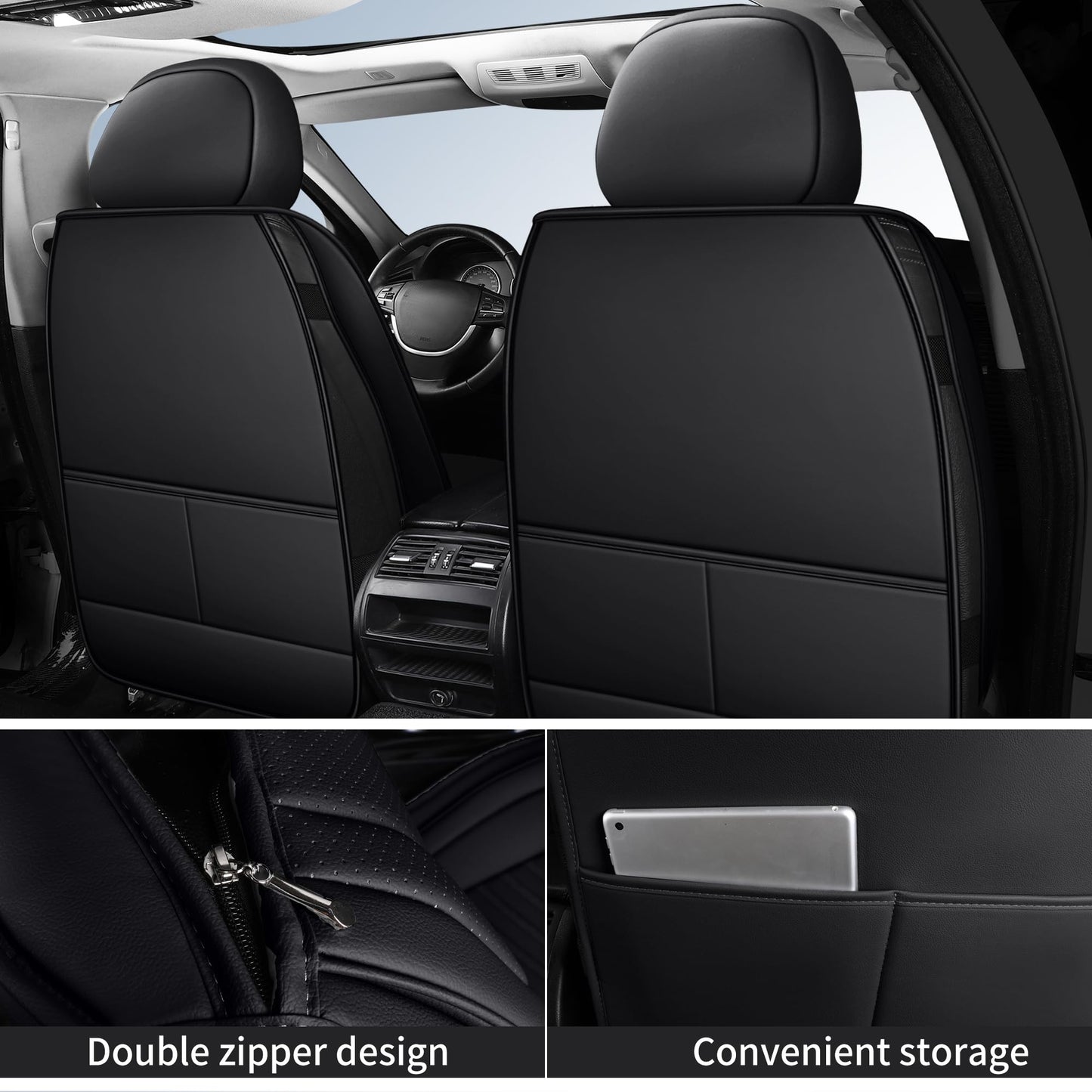 HChengkikz Car Seat Covers,Breathable and Waterproof Faux Leather Automotive Seat Covers for Cars,Anti-Slip Driver Seat Cover Universal Fit SUV Truck Pick-up Sedan(Style1,5 PCS Full Set,Black)
