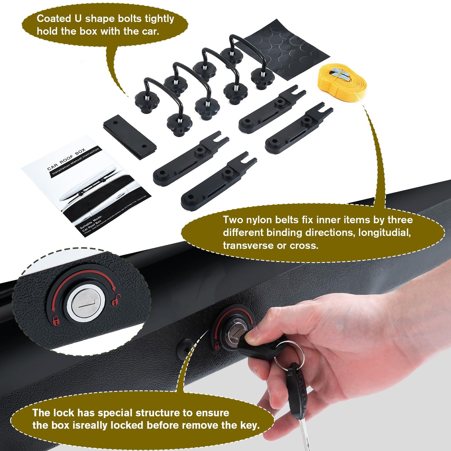 Hard Shell Roof Cargo Carrier, 13 Cubic Feet Black Roof Box with Security Keys, Durable ABS and PMMA Material, Tool-Free Installation, Double-Sided Opening, 56" L x 30" W x 13.7" H