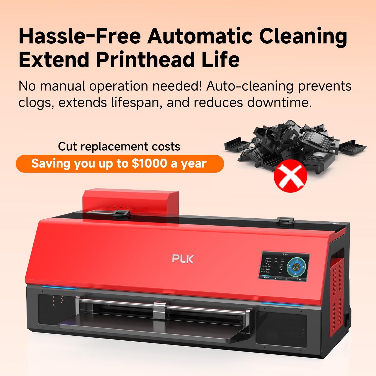 PLK A3 Plus XP600 DTF Printer, Double-Speed Than L1800/L805, 4.5'' Touch Screen, Auto-Cleaning, Dual White Ink System, Film-Cutter, Apparel Printer Machine, 2-Year Ink Included