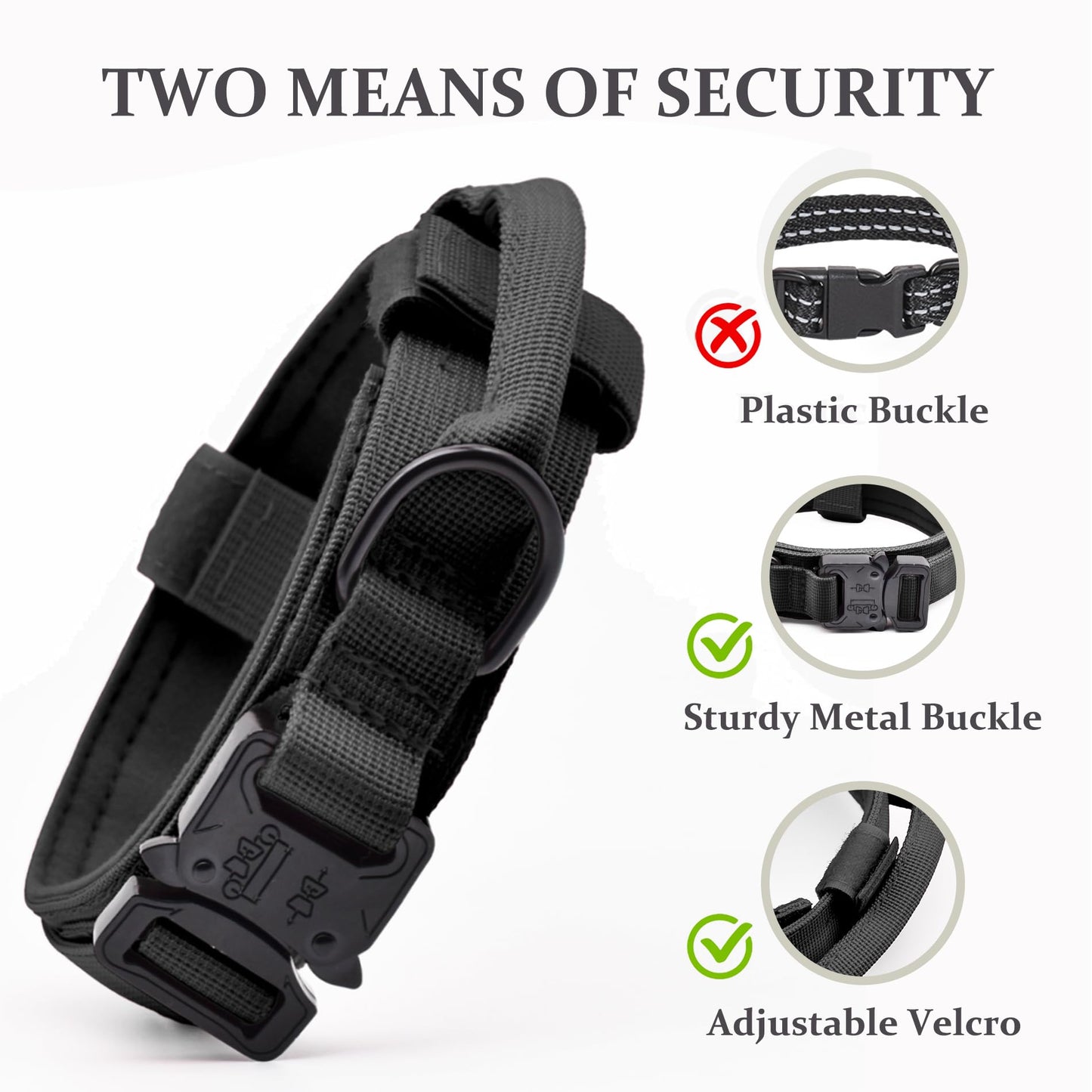Tactical Dog Collar, Adjustable Military Training Nylon Dog Collar with Control Handle and Heavy Quick-Release Metal Buckle for Small Medium Large Dogs, Black L