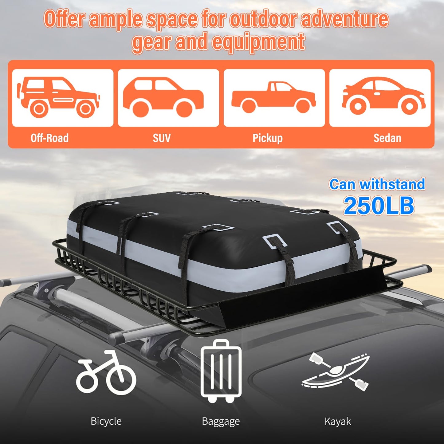 Heavy Duty Universal Rooftop Cargo Carrier Roof Rack, 64"x36"x5" Roof Rack Basket with 20 Cu.Ft Waterproof Bag, for SUV, Truck and Van, 250lbs Capacity, Corrosion Resistant, Steel Construction