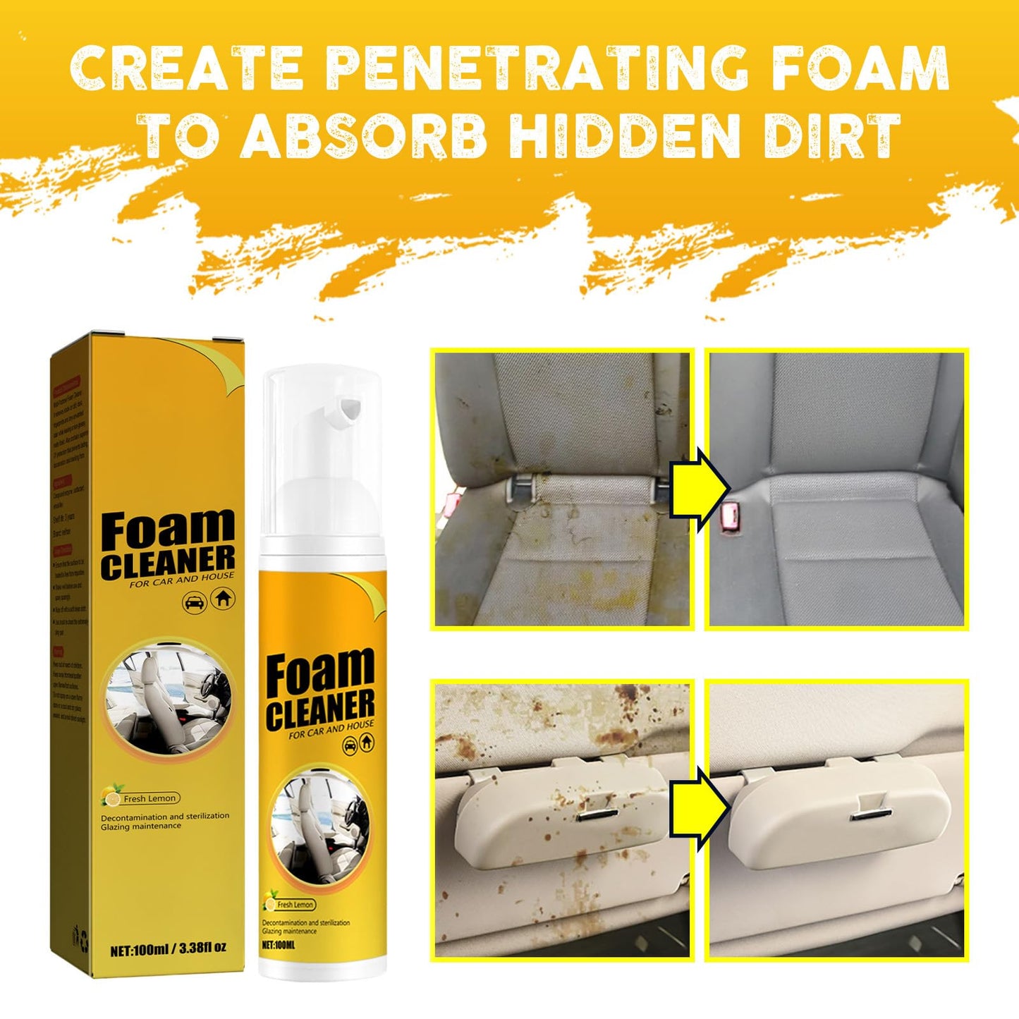 Foam Cleaner for Car,2 bottles Multifunctional Cars Interior Cleaner,Lemon-scented Magic Foaming Cleaner for Car Interiors,Kitchens,and Bathrooms(2 x 100ml)