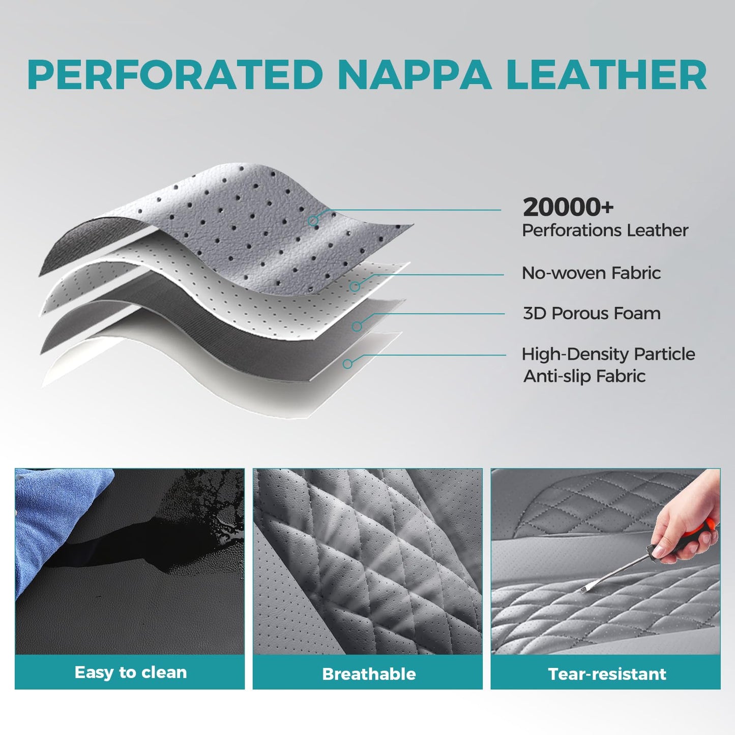 FEINEPRO Leather Car Seat Covers - Breathable Faux Leather Seat Covers Full Set for Cars SUV Sedan - Waterproof - Grey