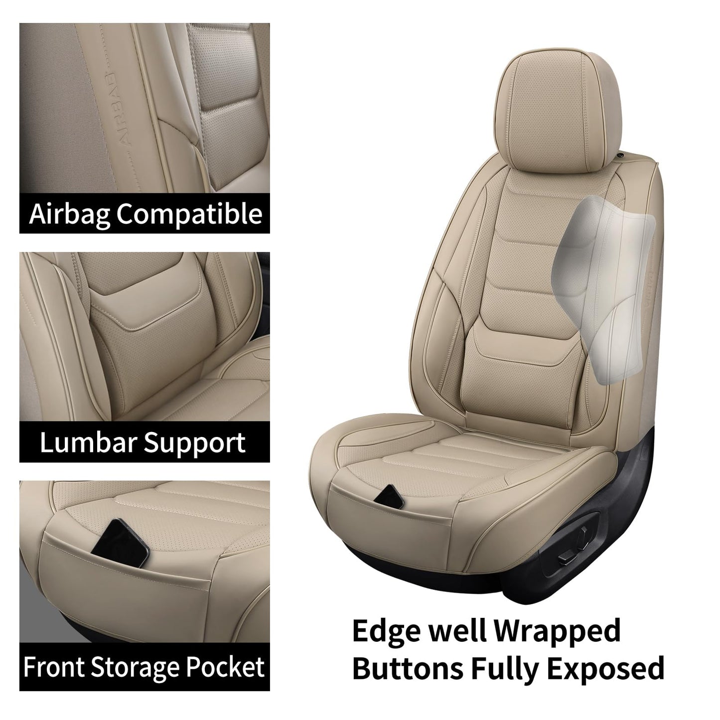 hoozoom Leather Car Seat Covers Full Set Breathable Automotive Seat Covers Waterproof Seat Protectors Universal Fit for Most Automotive Cars SUV Trucks(Beige, Full Set)