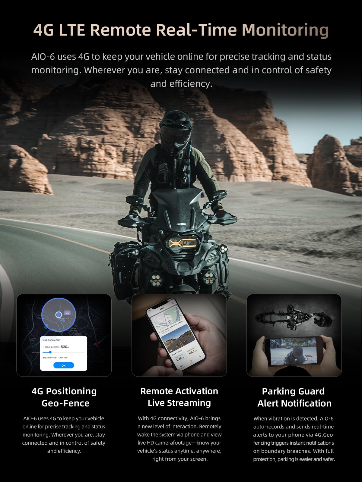CHIGEE AIO-6 LTE 4G Motorcycle GPS Navigation with 6 inch Display, Smart Geo-Fence Security,SOS,2000nits,Motorcycle Carplay Android Auto, Real-time alerts, Electronic Fence, IP69 Waterproof