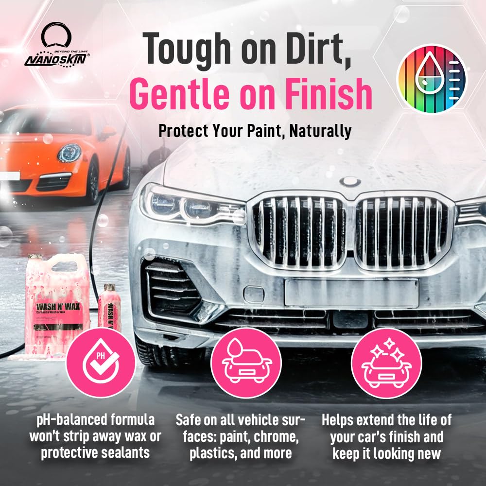 Nanoskin WASH N' WAX with Carnauba 55 gallons - Cleans & Shines in One Step | Works with Foam Cannon, Foam Gun, Bucket Washes, Pressure Washer | Carnauba Wax Protection for Cars
