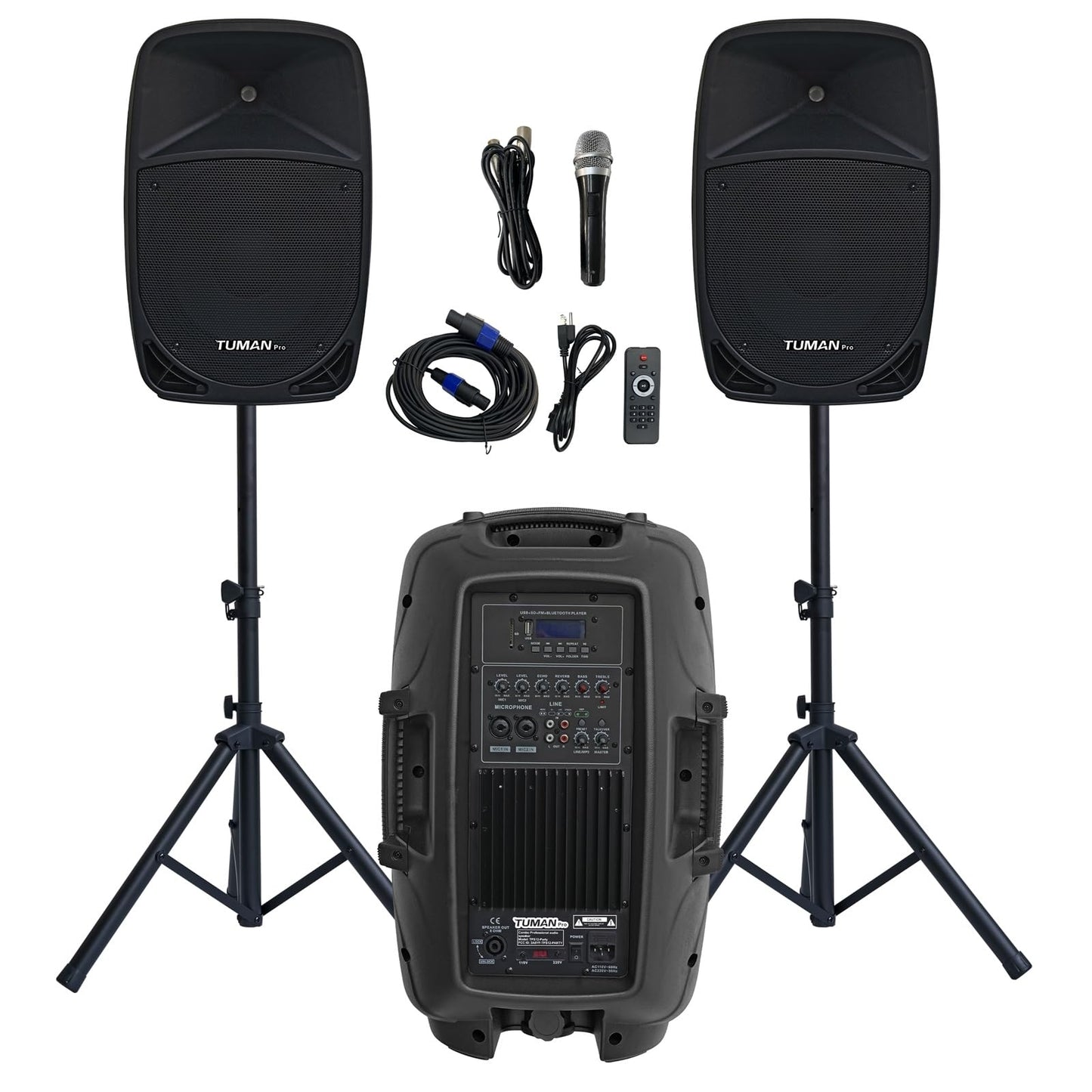 12inch PA Speaker System, 1000W High Powered Bluetooth Compatible Active + Passive Pair Outdoor Sound Speakers, Outdoor Karaoke Machine，FM Radio, Remote Control, 2 Speaker Stand, Supports SD Card/USB