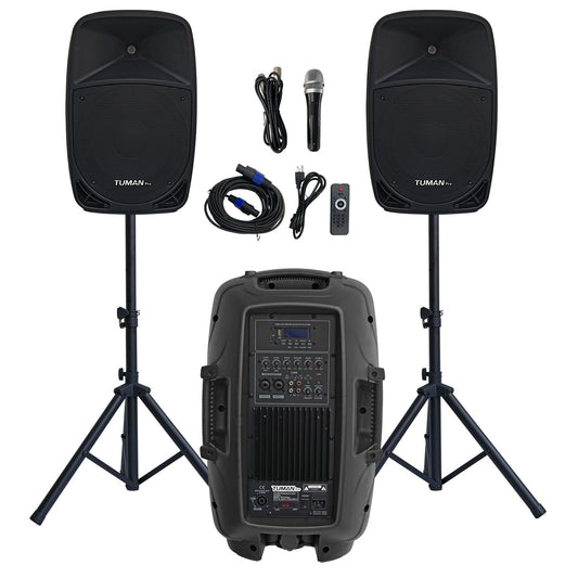 12inch PA Speaker System, 1000W High Powered Bluetooth Compatible Active + Passive Pair Outdoor Sound Speakers, Outdoor Karaoke Machine，FM Radio, Remote Control, 2 Speaker Stand, Supports SD Card/USB