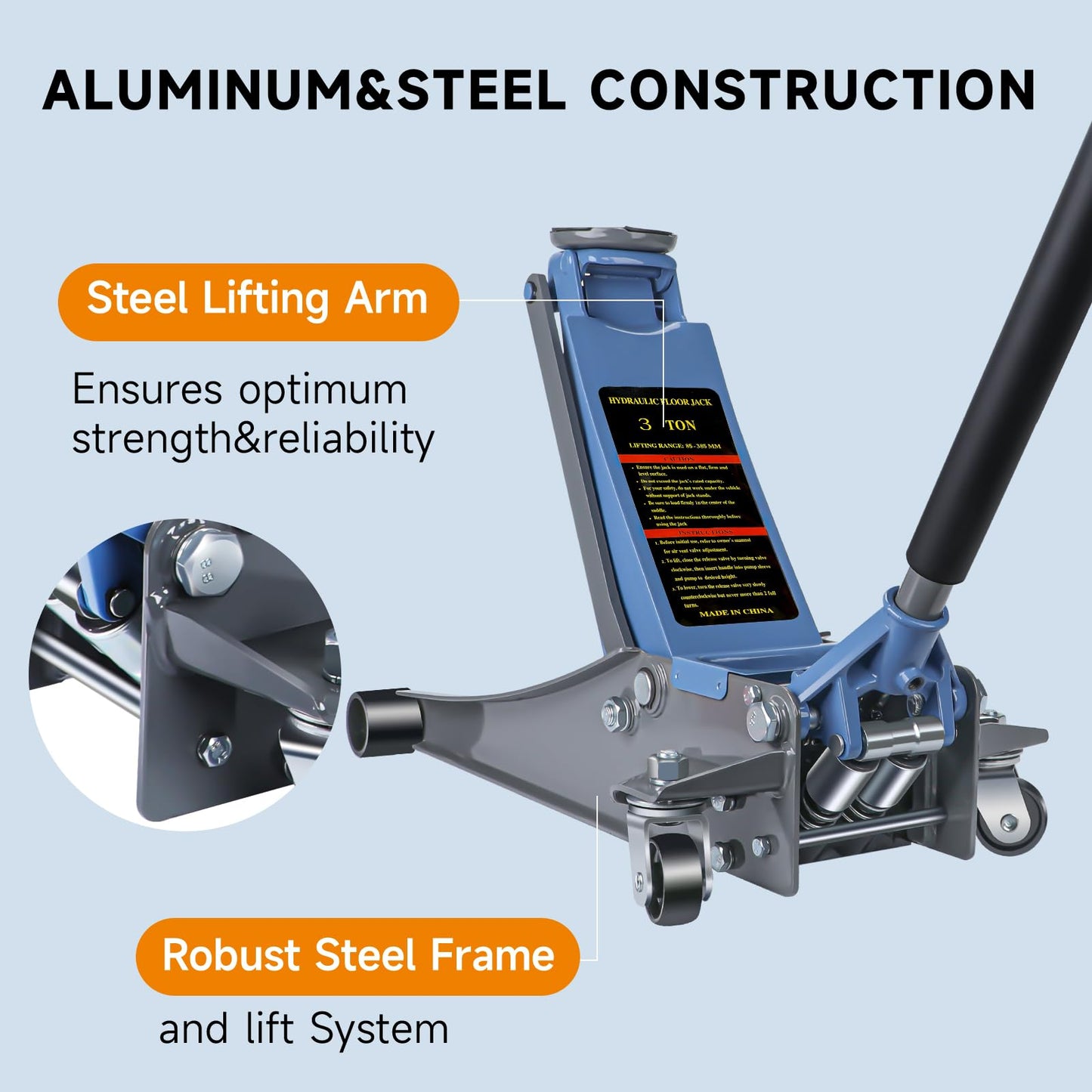 LARBANKE 3 Ton Floor Jack with Dual Pistons Quick Lift Pump,6600 LBS Low Profile Carbon Steel Floor Jack,Lifting Range 2.87"-19.69",for Sport Utility Vehicle,Blue