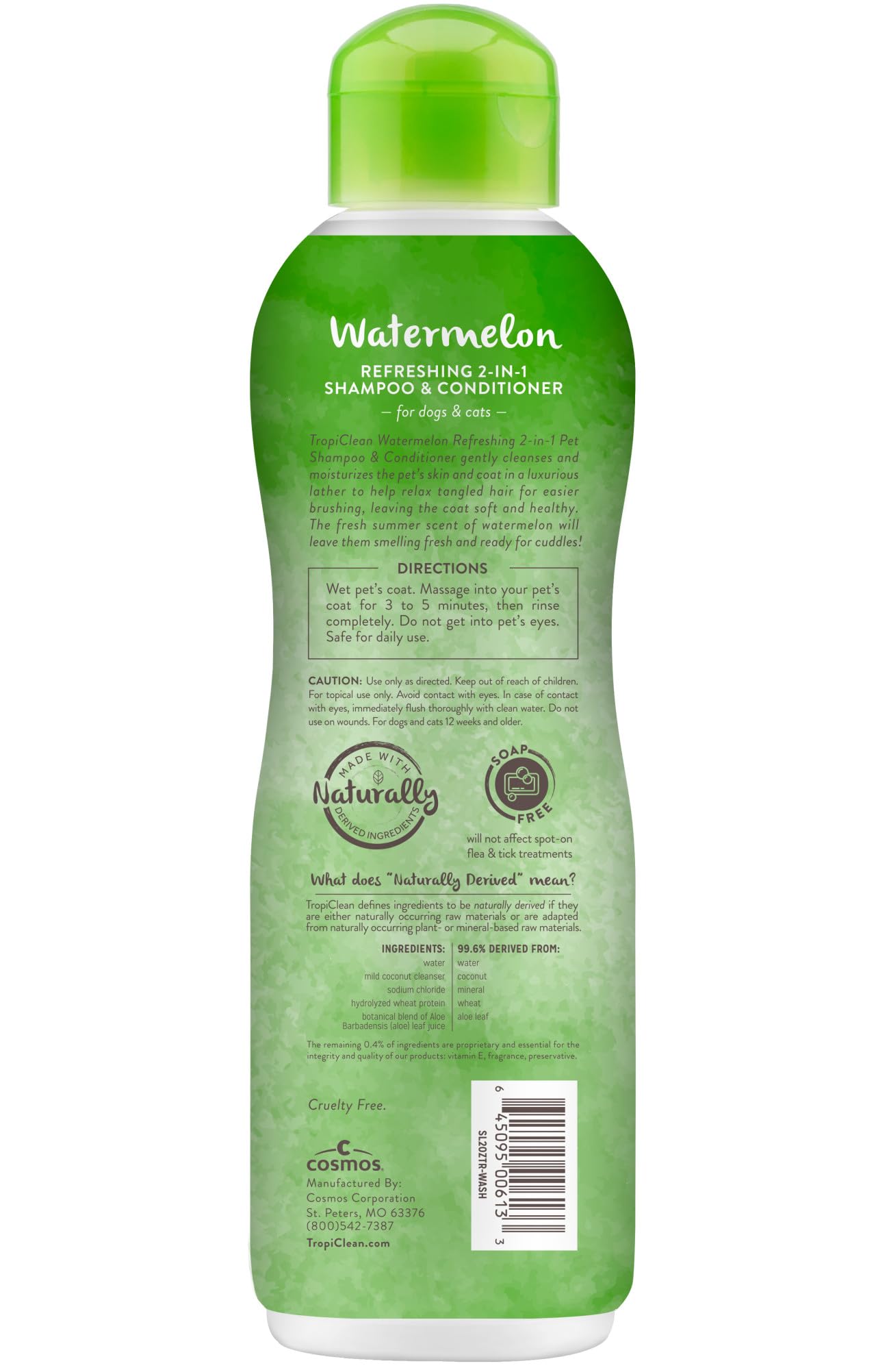 TropiClean Watermelon Refreshing 2-in-1 Cat & Dog Shampoo and Conditioner | Cat & Dog Bath Supplies | 20 oz | Made in The USA