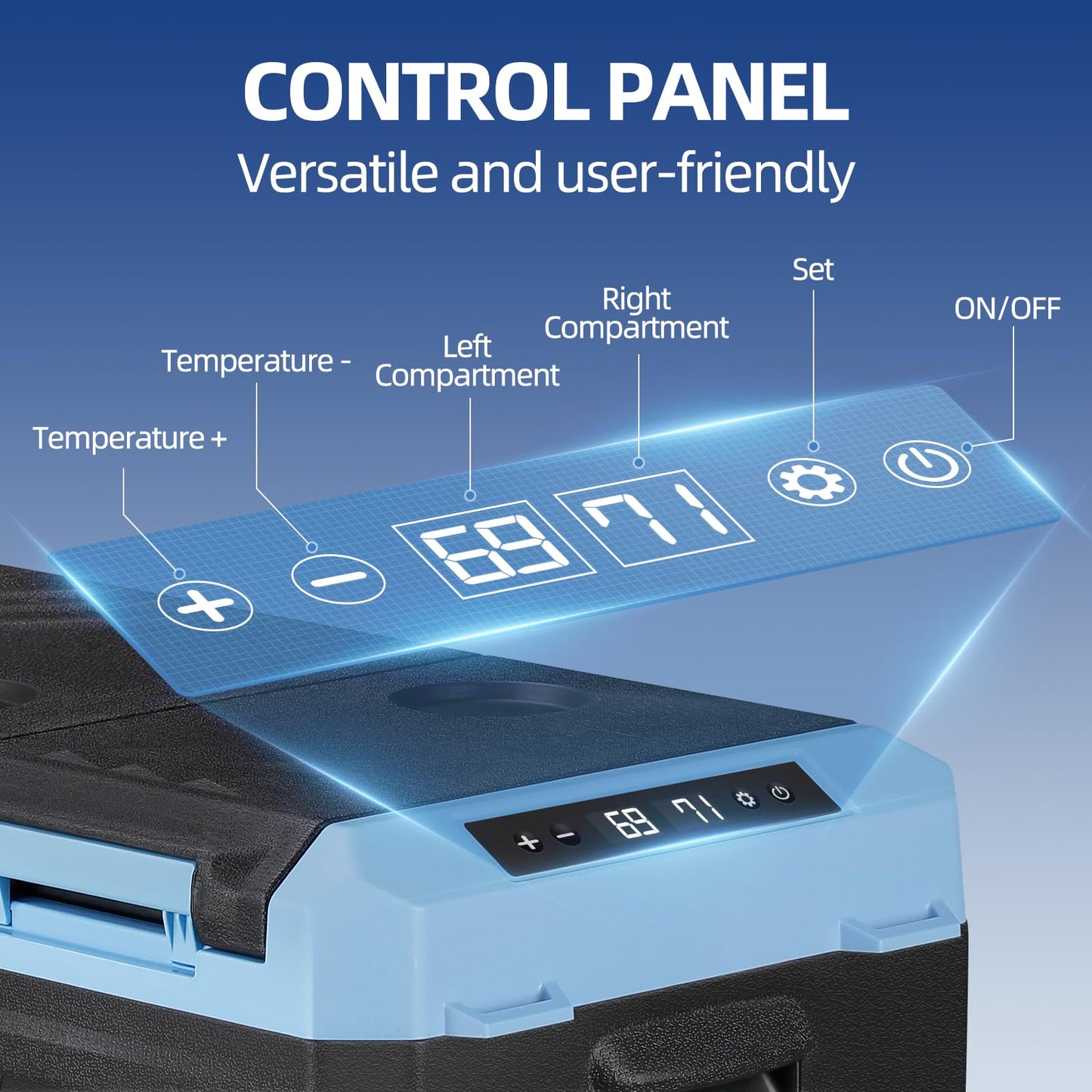 Tecnolove 25L Car Refrigerator Freezer, 27QT Dual Zone Portable Compressor Cooler with Reversible Door, 100–240V AC / 12V / 24V DC Powered, Touchscreen Control, LED Light, -4℉ to 68℉, Ice Blue