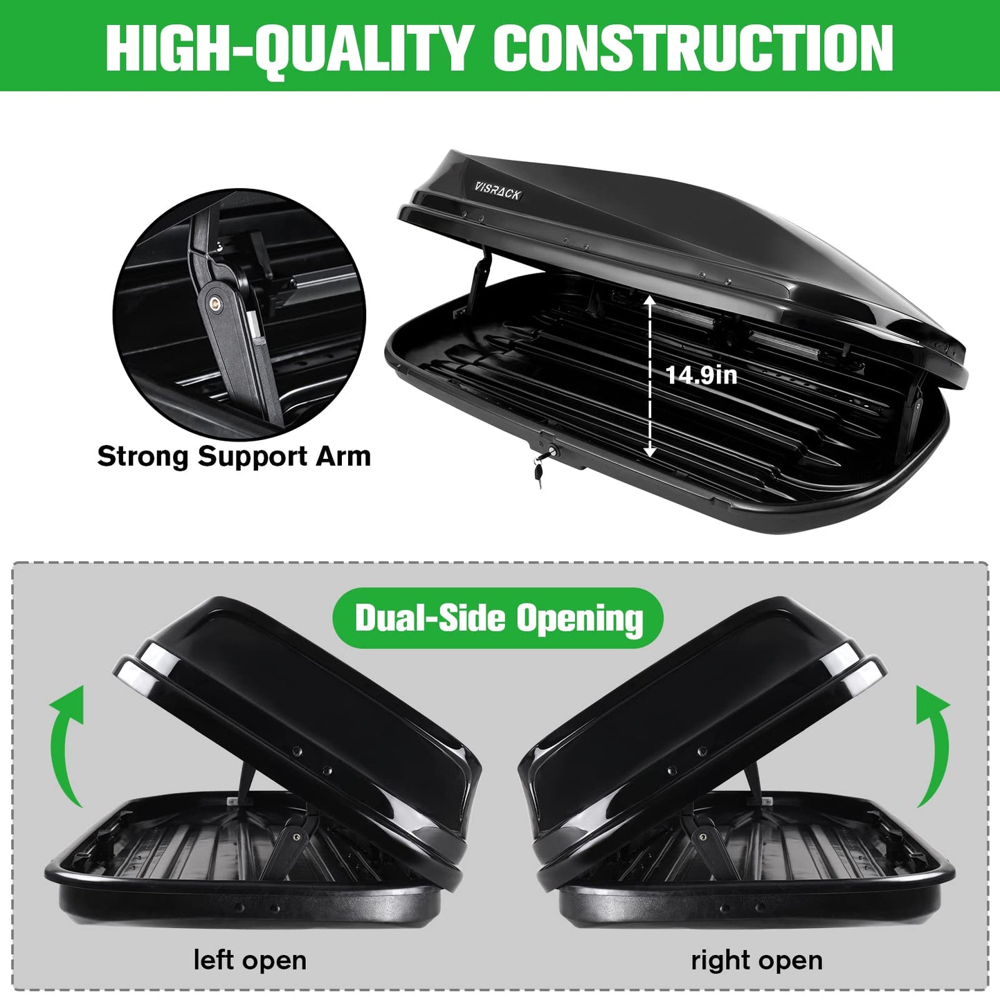 Rooftop Cargo Carrier Box, Large Hard Shell Roof with Security Keys, Waterproof Rooftop Cargo Box, 62 (L) x 31 (W) x 15(H) Inches, 14 Cubic Feet, Black (Tool-Free Install)