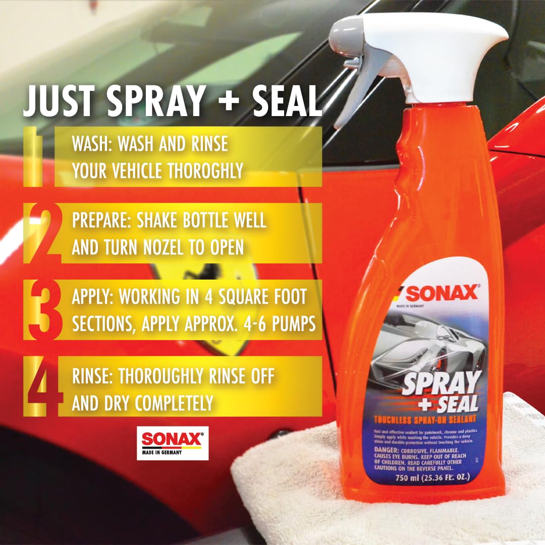 SONAX Profiline Spray + Seal | Quick Hydrophobic Sealant | Quick Spray & Rinse Protection for Paint, Plastic & Rubber | Enhances Water Beading, Prevents Water Spots & Contaminant Buildup | 243500 | 5L