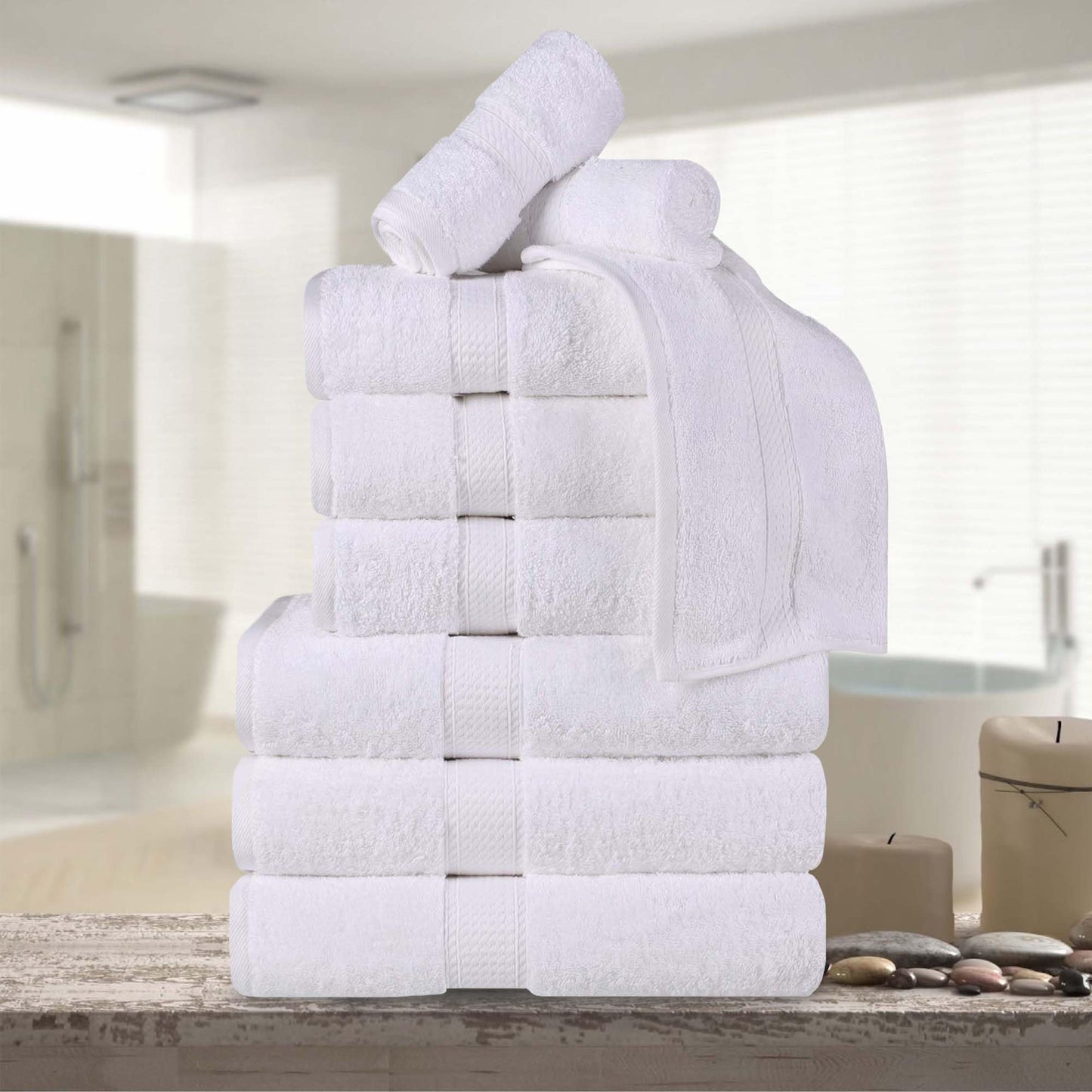 BNM Egyptian Cotton Heavyweight Towels, Ideal For Bathroom, Shower, Spa, Hotel, 800 GSM, Face/ Washcloths, Hand Towels, Bath Towels, Highly-Absorbent, Luxury Home Basics, 9 Piece Towel Set, White