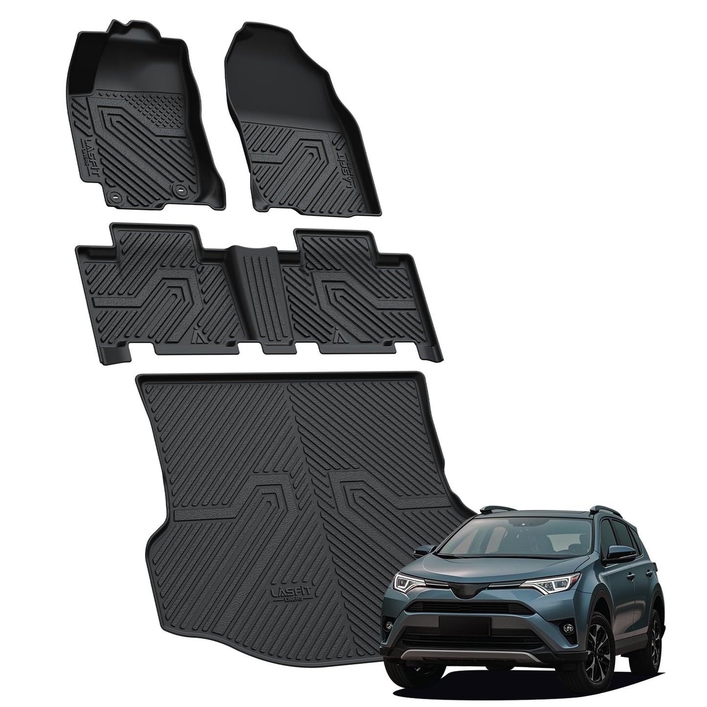 LASFIT Floor Mats&Trunk Mat for Toyota RAV4 2013-2018(Not Fit Hybrid) All Weather TPE Mats Custom Fit for Floor Liner for Toyota RAV 4 LE/XLE/SE/Limited/Platium Front and Rear 2 Row Car Mats,Black