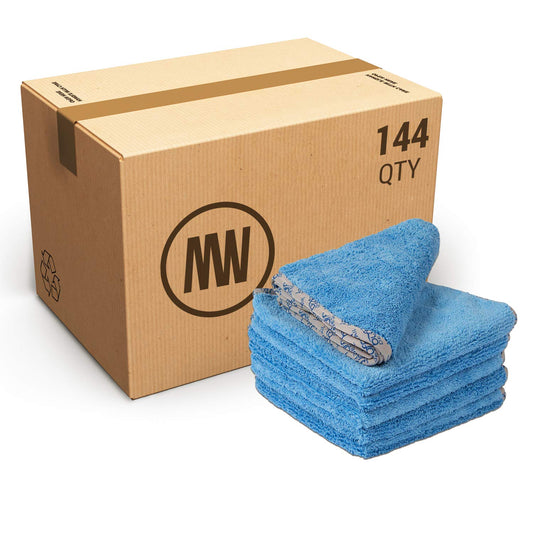 Detail Microfiber Car Towels Bulk (16" x 16") | 400 GSM | 80/20 Blend | Tagless | Soft Satin Piped Edges | All-Purpose Auto Detailing - Wax, Buff, Polish, Wash, Dry | Case of 144 (Blue)