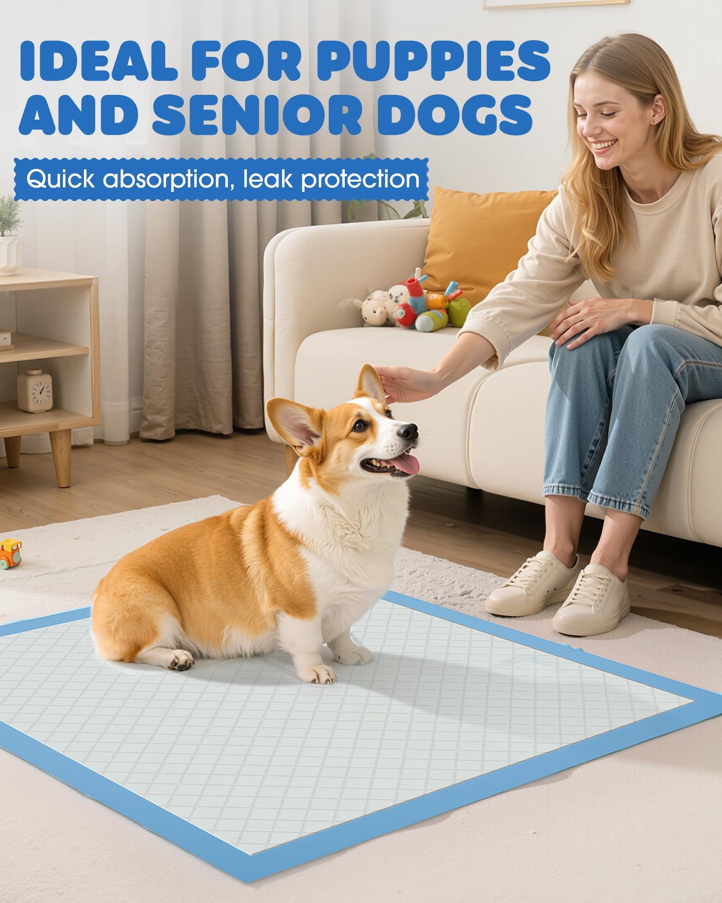 Powools 100-Pack X-Large Puppy Pads - 34'' x 28'' Pee Pads for Dogs Potty Training with Leak-Proof Quick-Dry Design, 6-Layer Wee Wee Pads for Dogs, Blue