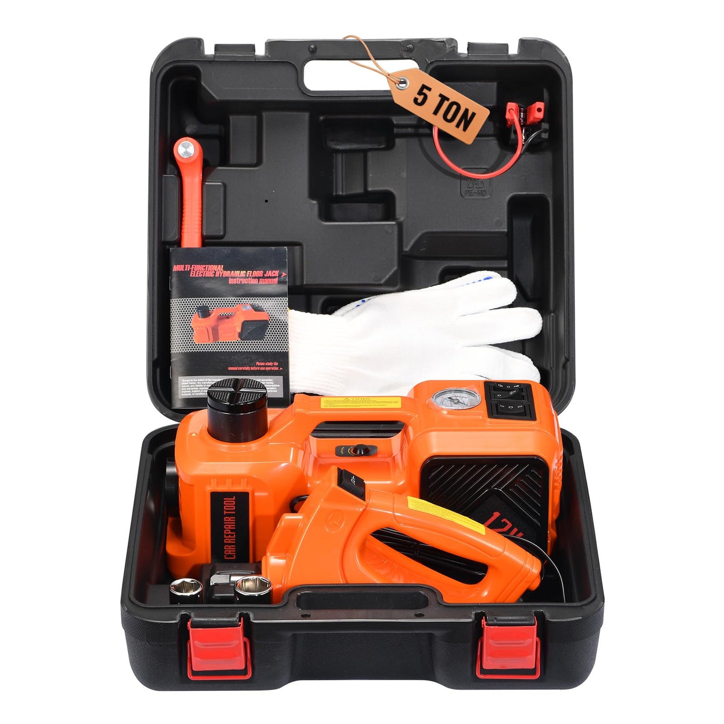 Electric Car Jack Kit 5 Ton 12V Floor Jack Portable Hydraulic Car Jack with Impact Wrench and Tire Inflator Pump for SUV Sedans Tire Change with LED Light, Lifting Height 6 to 17.7 Inch