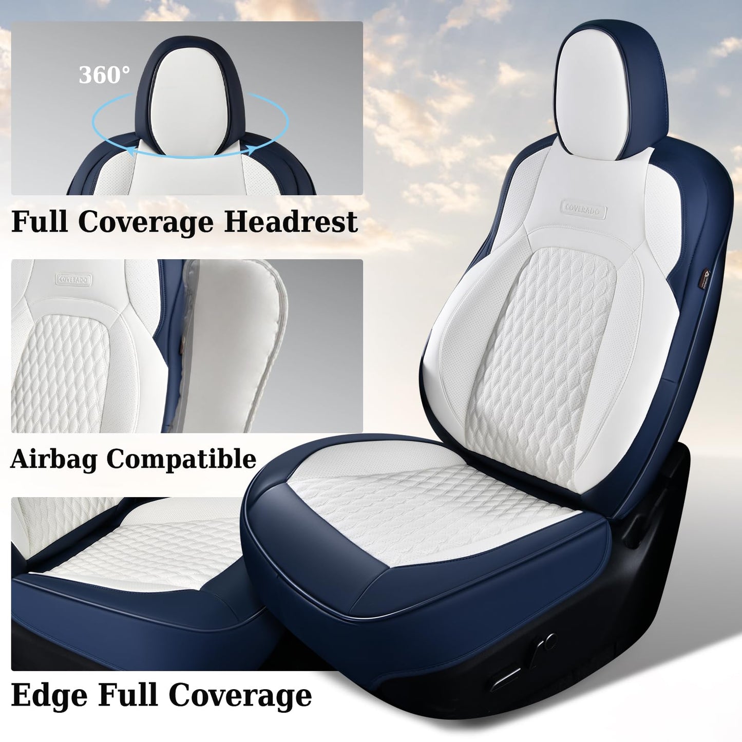 Coverado Car Seat Covers for Tesla Model Y, Car Seat Covers Full Set 5 Seater, Leatherette Car Seat Covers Front Seats and Back Custom for Tesla Model Y 2020 2021 2022 2023 2024 BlueWhite