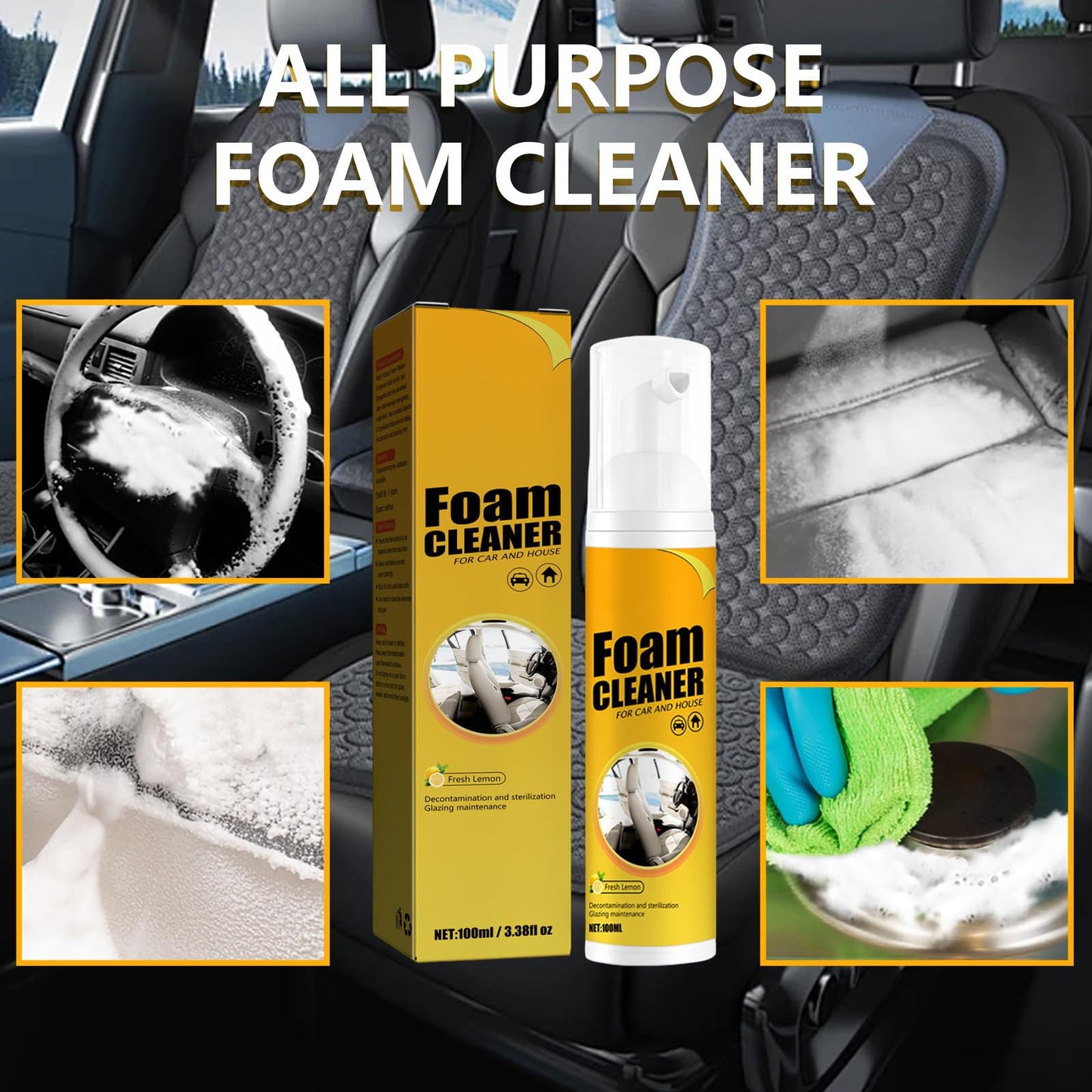 Foam Cleaner for Car,2 bottles Multifunctional Cars Interior Cleaner,Lemon-scented Magic Foaming Cleaner for Car Interiors,Kitchens,and Bathrooms(2 x 100ml)