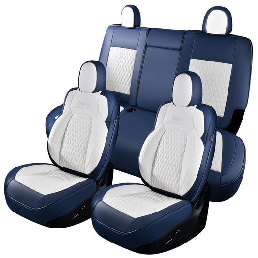 Coverado Car Seat Covers for Tesla Model Y, Car Seat Covers Full Set 5 Seater, Leatherette Car Seat Covers Front Seats and Back Custom for Tesla Model Y 2020 2021 2022 2023 2024 BlueWhite