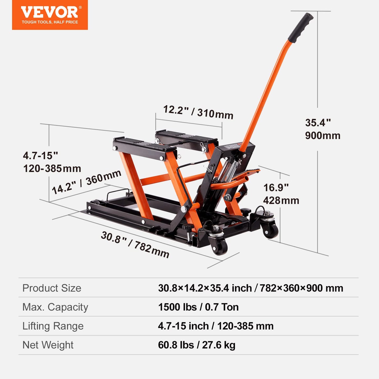 VEVOR Hydraulic Motorcycle Lift Jack 1500 LBS Capacity ATV Scissor Lift Jack Portable Motorcycle Lift Table with 4 Wheels Hydraulic Foot-Operated Hoist Stand for Motorcycle ATV UTV Powersports