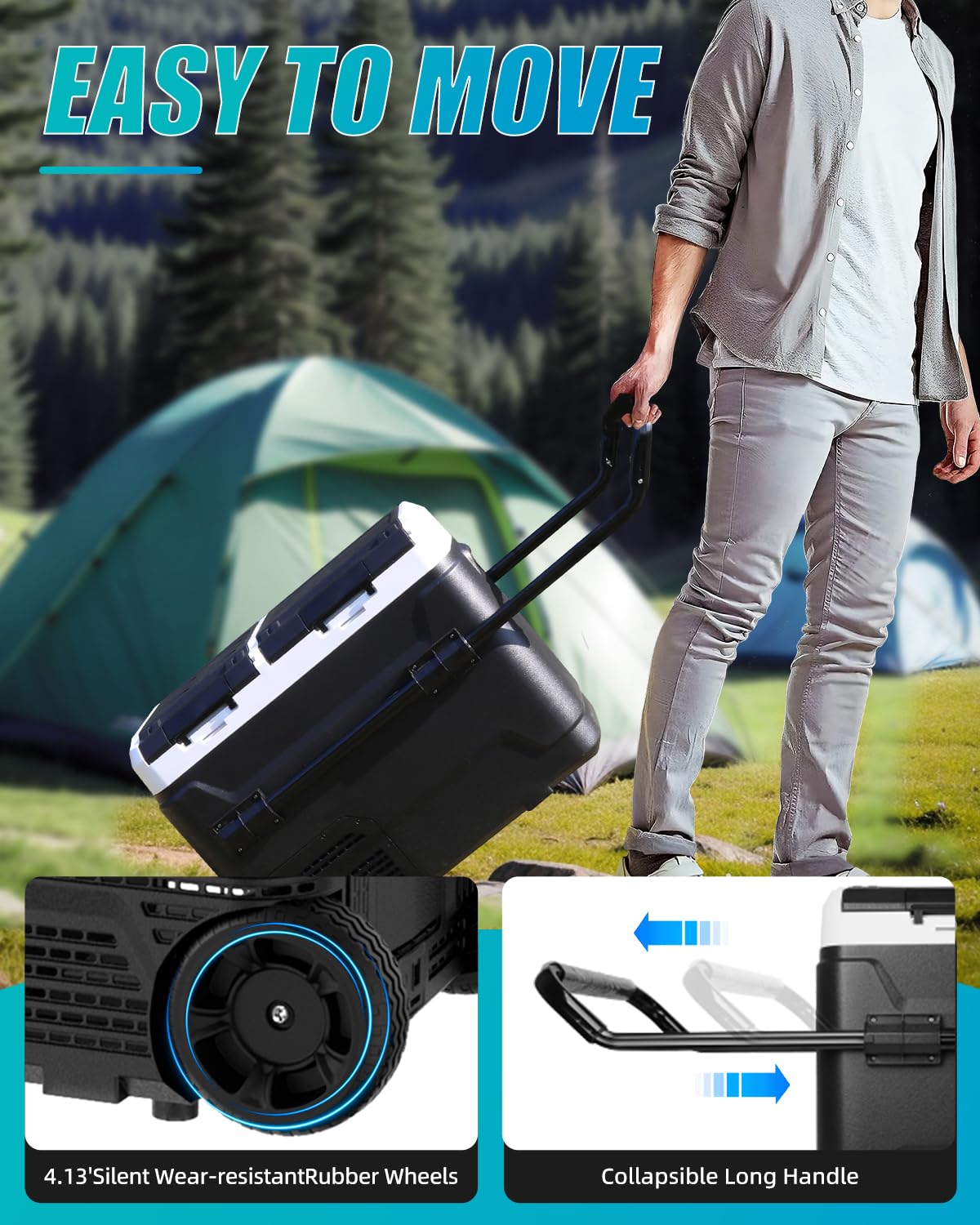 Electric Cooler with Battery 12V 52 Quart(50L) Car Refrigerator Dual Zone Dual Door Freezer Fridge with Wheels 12/24V DC & 100-240V AC Portable Fridge for Camping Truck Boat RV Camper SUV Travel