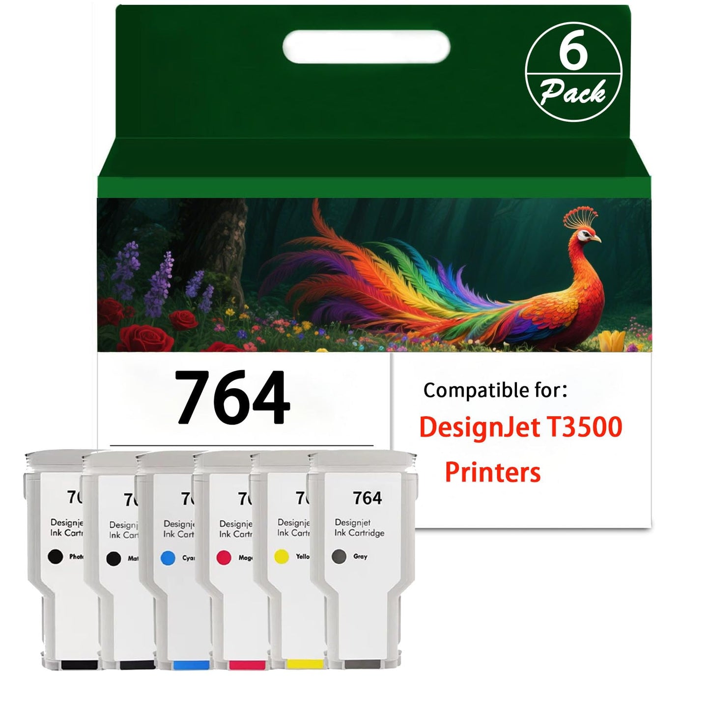 LPRINTCI 764 Ink Cartridges 6 Pack Compatible for HP 764 Ink Cartridges for DesignJet T3500 Printers （MBK,PBK,CY,MG,YL,300ML）