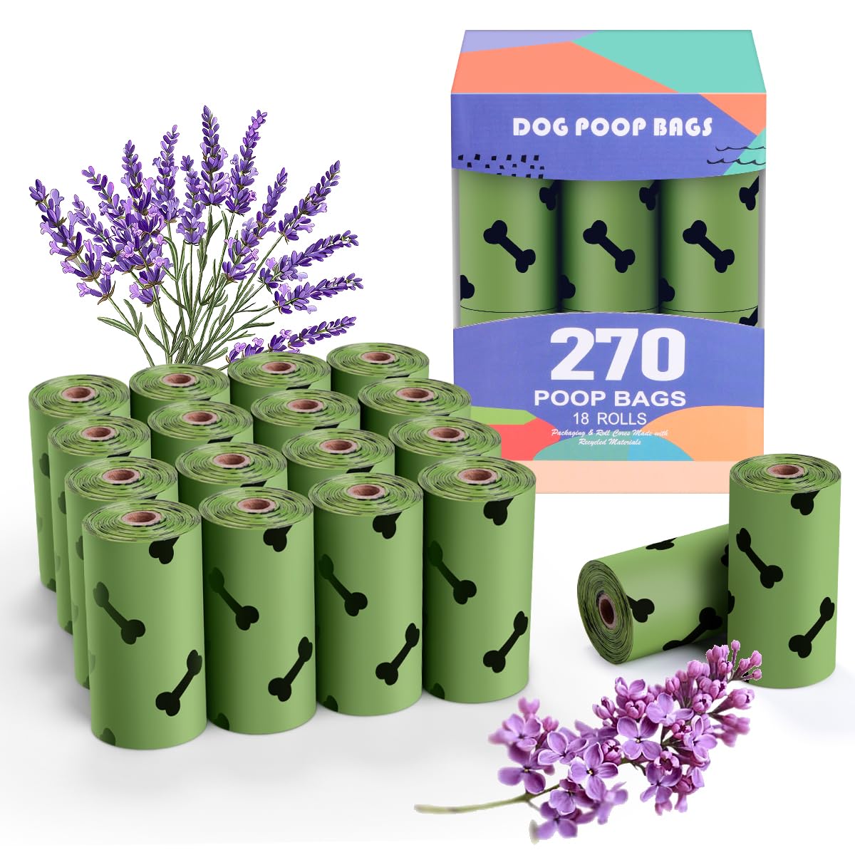 RMancipate Green Dog Poo Bags Lavender scent - 270 Large Biodegradable Poop Bags, Extra Thicken Strong Corn Starch Blended Compostable Leak Proof Poop Waste Bag for Dogs