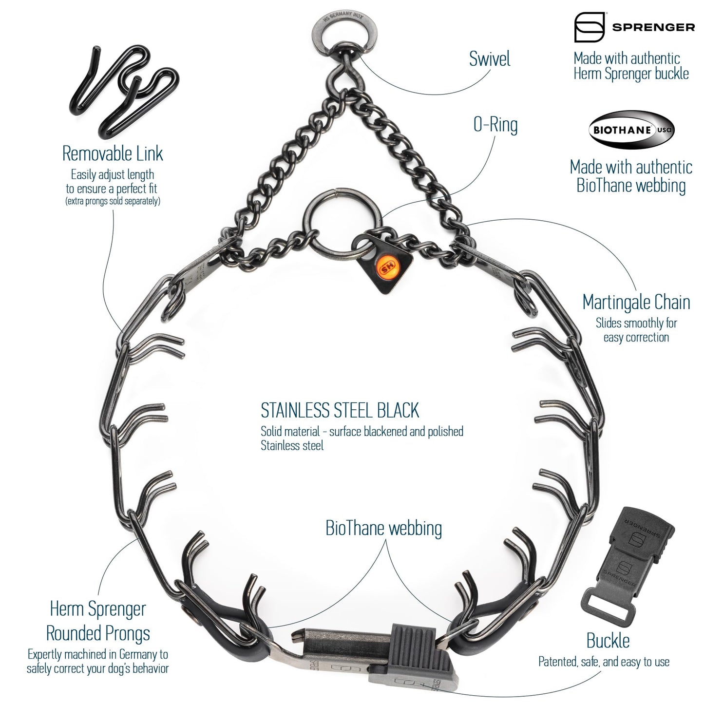 Herm Sprenger Black Stainless Steel Dog Collar with Quick Release ClicLock Buckle and Biothane Insert Training Collar Made in Germany (Black, 16in x 2.25mm(Neck Size up to 13-14in))