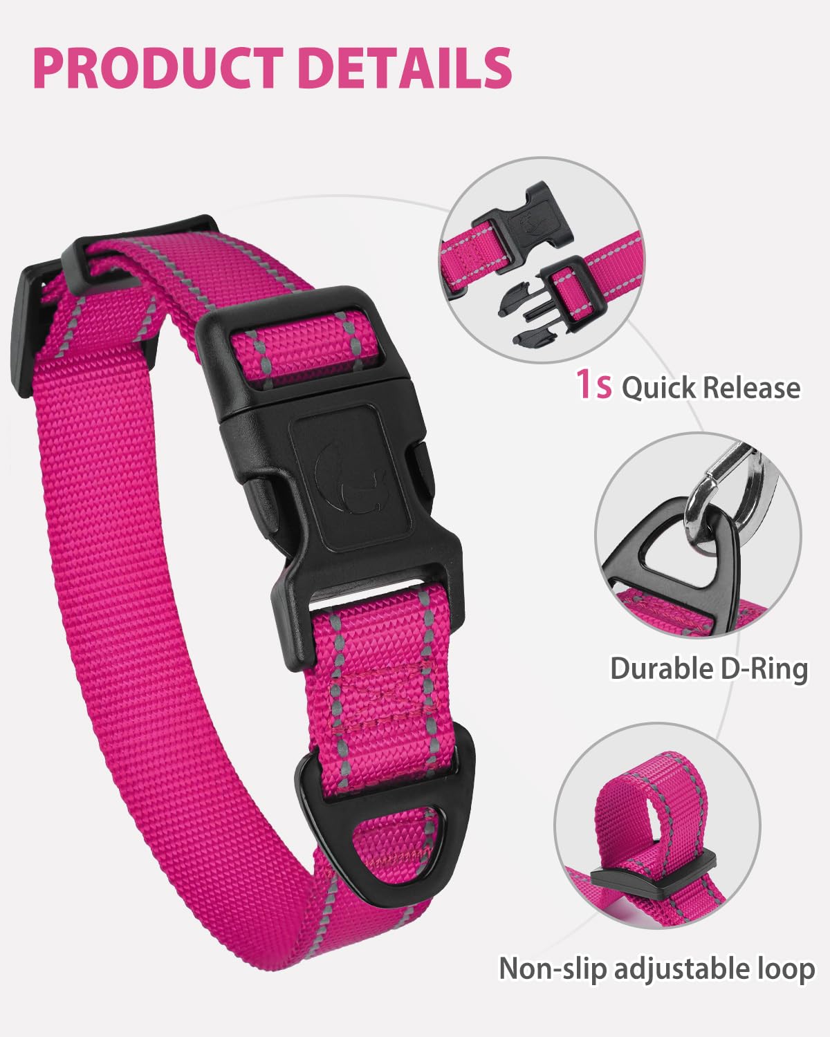 Joytale Small Dog Collar, Reflective and Adjustable Nylon Collar with Quick-Release Buckle, Lightweight No-Choke Design for Small Dogs, Hotpink, 5/8" Width