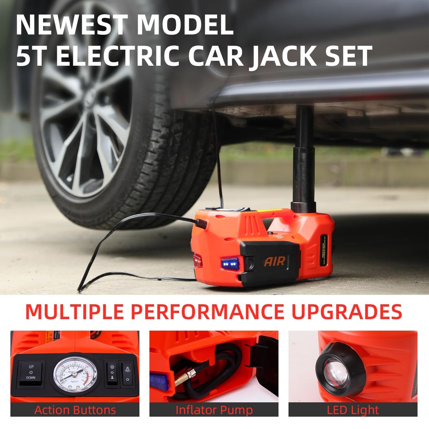 ROGTZ Electric Hydraulic Car Jack Kit 5 Ton 12V Portable Lift Range 17.7 Inch with Impact Wrench and Tire Inflator Pump for SUV Sedan Truck Car Repair Floor Jack for Vehicle Tire Change with LED Light