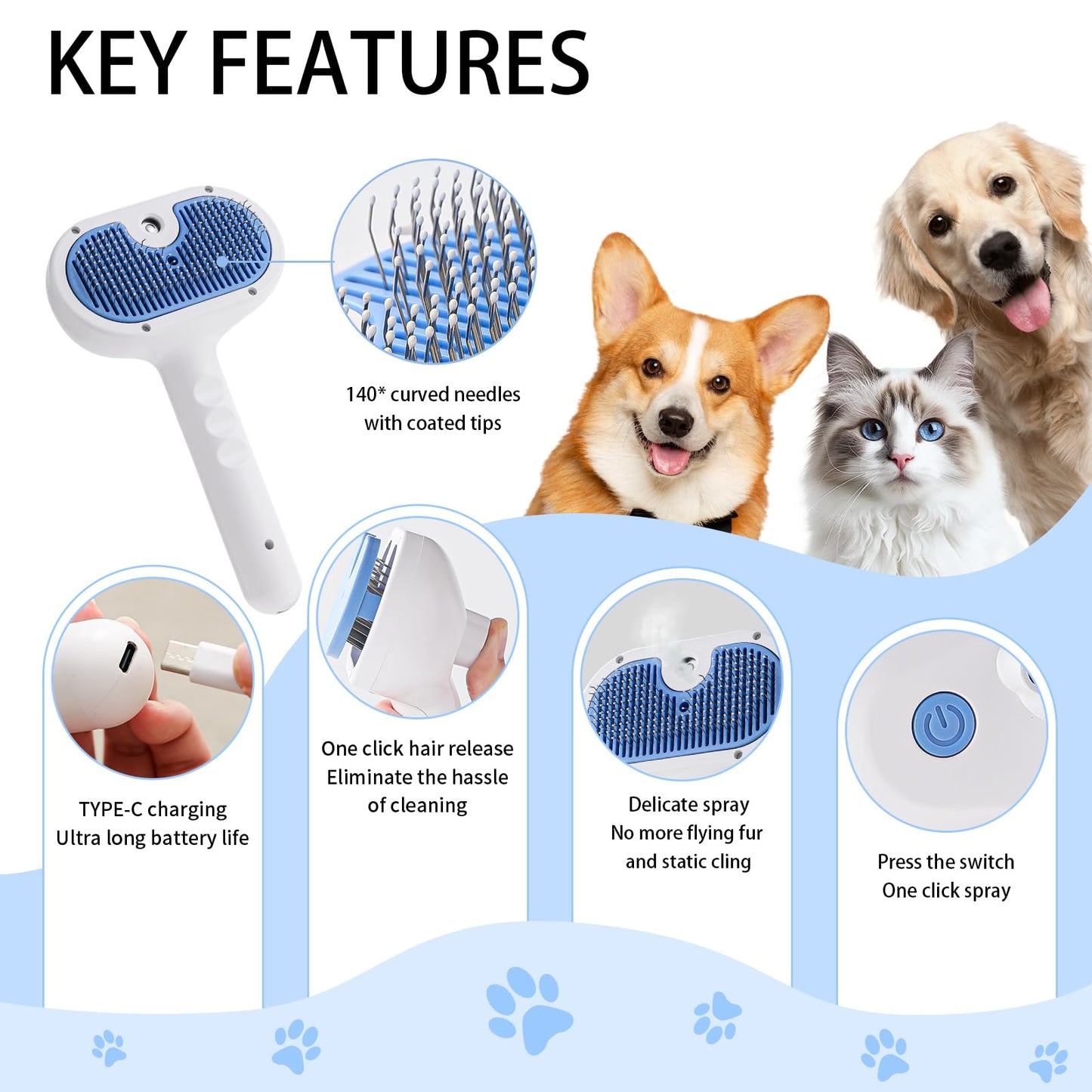 JUGIRUN Cat Steam Brush for Shedding,3 In 1 Steam Brush for Dogs & Cats,Spray Hair Removal Comb,Includes Waterless Shampoo,Suitable for Long-haired and Short-haired Pets