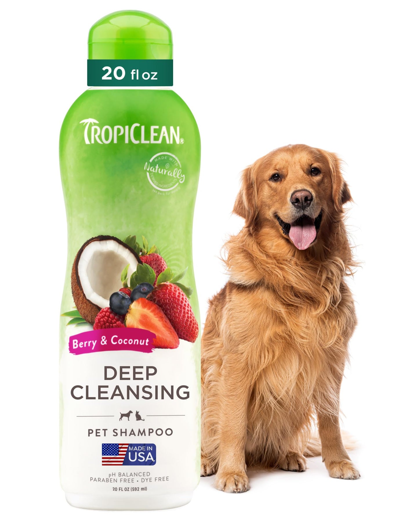 TropiClean Deodorizing Dog Shampoo for Smelly Pets, Long Lasting Odor Control, Puppy Safe, Made in the USA, Berry Scent, Cat Friendly, 20oz.