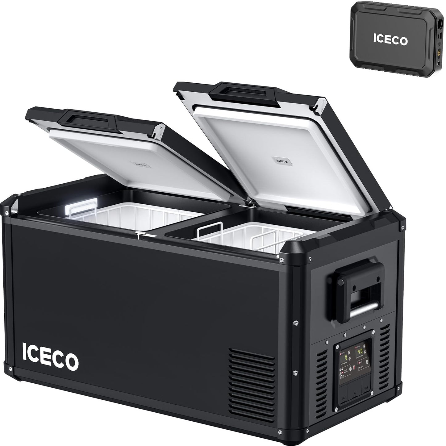 ICECO VL75 ProD Portable Refrigerator with Multi-directional Lid, 12V Dual Zone Fridge Freezer Powered by SECOP, Dual USB & 12/24V DC, 110-240V AC, 0°F to 50°F, Car, RV, Outdoor Use|with 250wh Battery