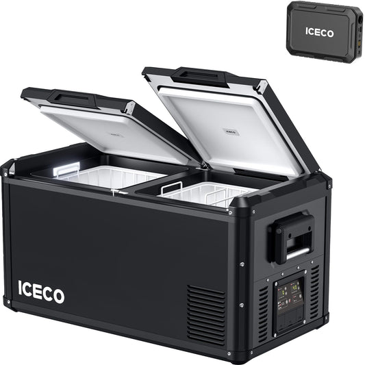 ICECO VL75 ProD Portable Refrigerator with Multi-directional Lid, 12V Dual Zone Fridge Freezer Powered by SECOP, Dual USB & 12/24V DC, 110-240V AC, 0°F to 50°F, Car, RV, Outdoor Use|with 250wh Battery