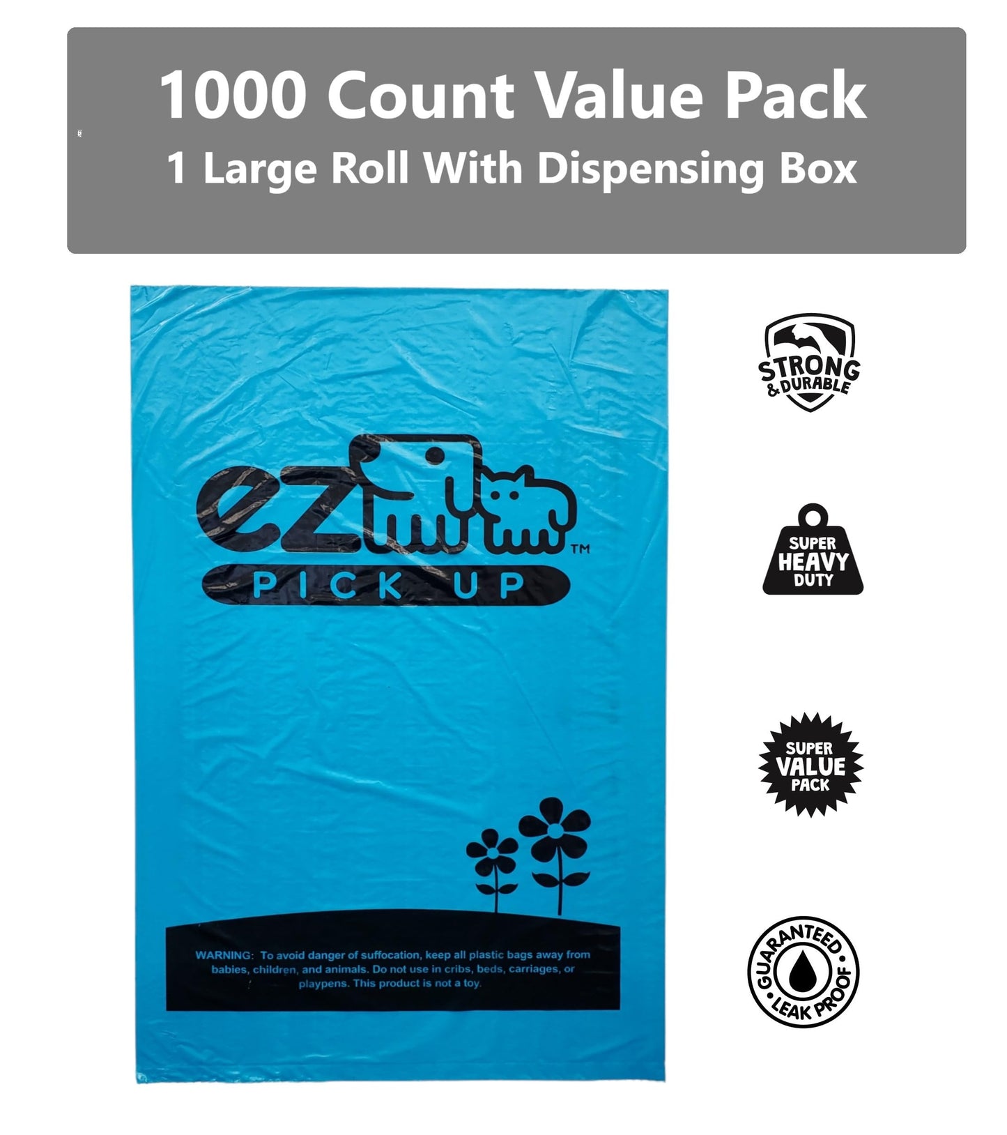 EZ Pickup 1000 Count Dog Waste Poop Bags, Unscented