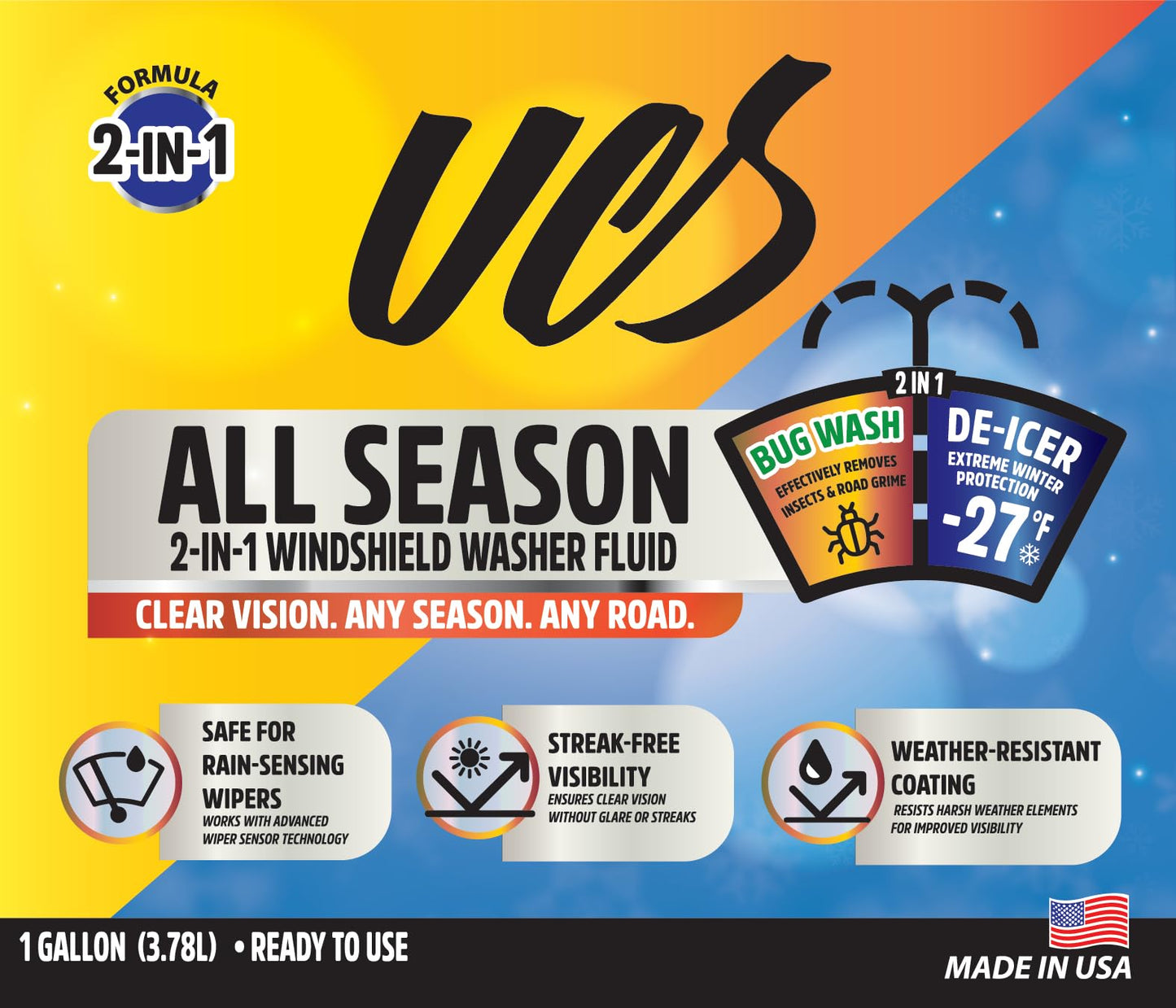 UCS Advanced All-Season Windshield Washer Fluid | Winter Protection to -27°F | 2-in-1 Bug Wash & Water Beading Technology | Streak-Free Visibility | Safe for Rain-Sensing Windshields | 1 Gallon