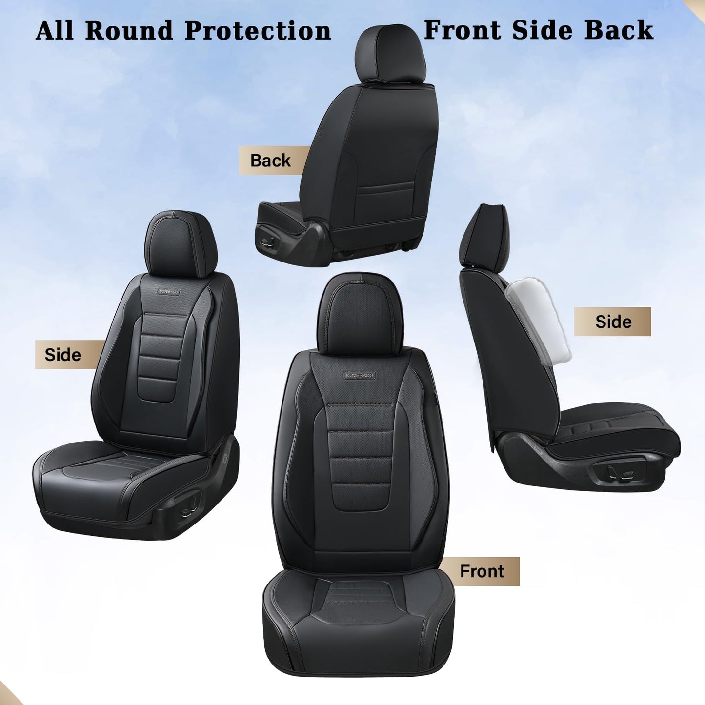 Coverado Seat Covers Full Set, Car Seat Cover Black, Seat Covers for Cars, Car Seat Protector, Nappa Leather Car Seat Cushion, Waterproof Car Seat Covers Front Seats and Back Fit for Most Cars