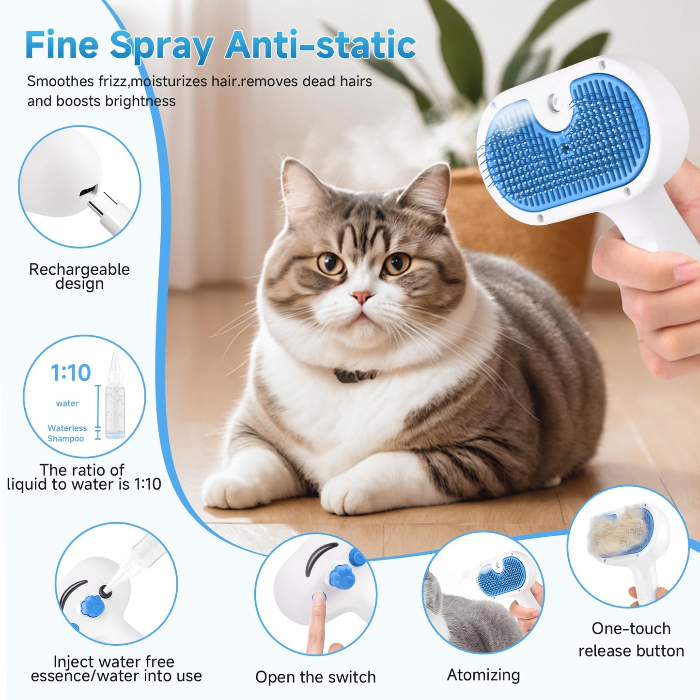 Pet Steam Brush for Dog & Cat - 3-in-1 Steam Grooming Brush for Shedding & Hair Removal - Self Cleaning Spray Comb with Mist for Long Haired Pets - Includes 1*Waterless Shampoo, Blue