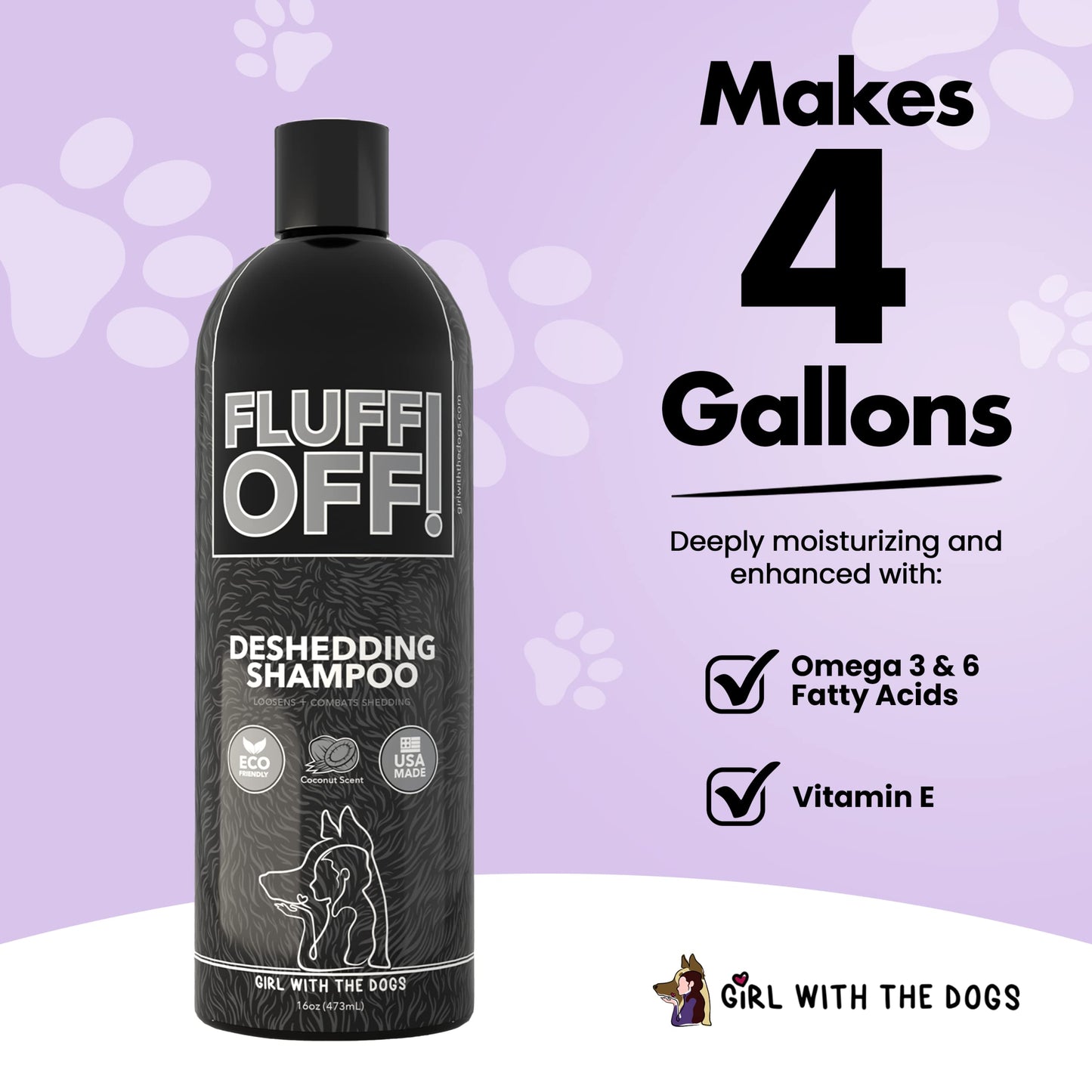 Fluff Off! by Girl With The Dogs, Natural Deshedding Dog & Cat Shampoo, 16 Oz, Made in USA, 8 Wks+