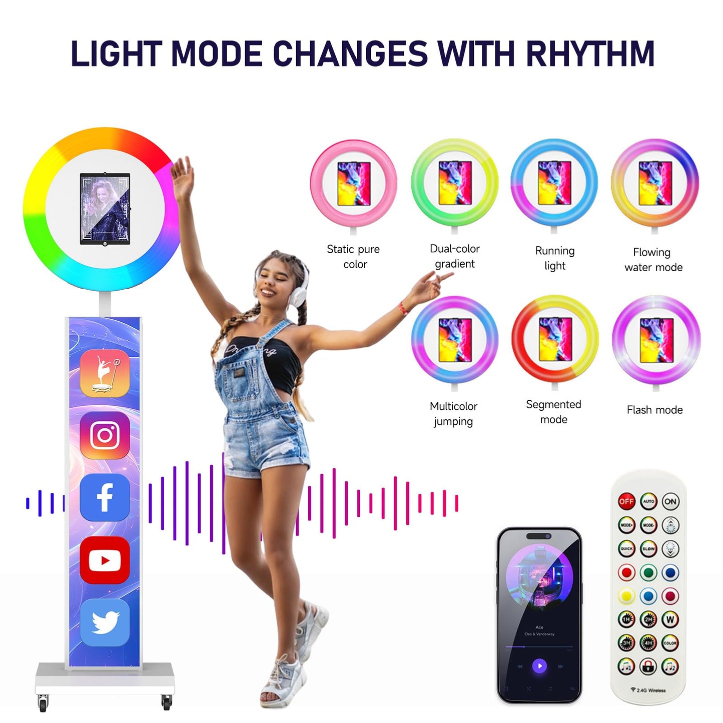 MWE Portable Photo Booth Machine Stand Compatible with Any Ipad with Software APP and Remote Control, RGB Ring Lights Music Sync, Free Custom Logo,ChackTok VIP (White, Light Box-Honeycomb Case)