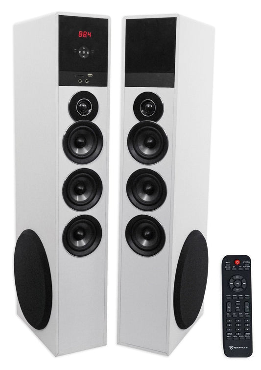 Rockville TM150W Powered Home Theater Tower Speaker System, White, 1000W, 10" Subwoofers, Bluetooth, USB/SD Playback, FM Radio, Remote Control, Karaoke Ready, Perfect for Home Entertainment