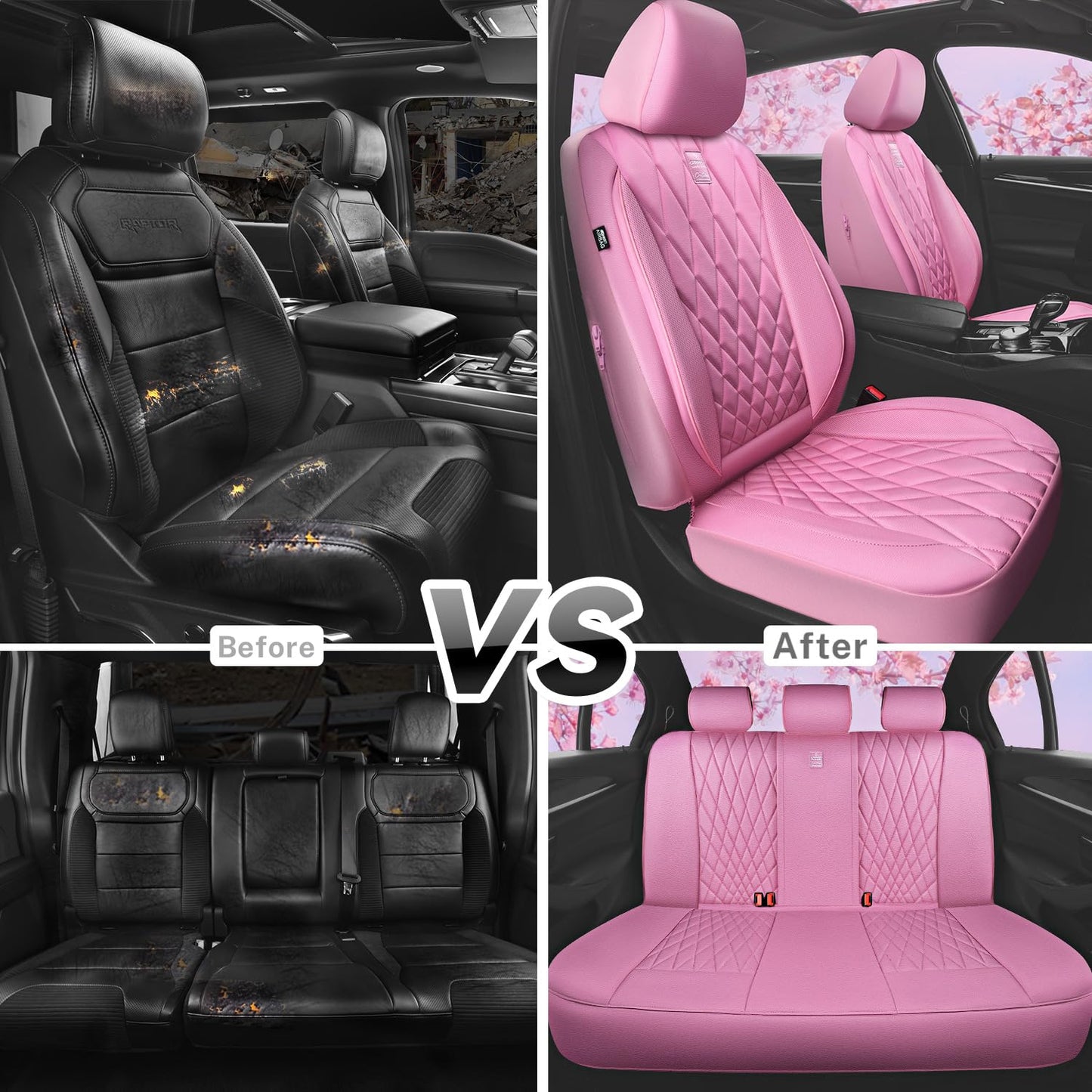CAR PASS 5 Seats Piping Luxury Leather Seat Covers Full Set, Anti-Slip Waterproof Seat Covers Compatible with Front Armrests, Universal Fit for Suvs,Vans,Trucks,Airbag Compatible, Pure Pink
