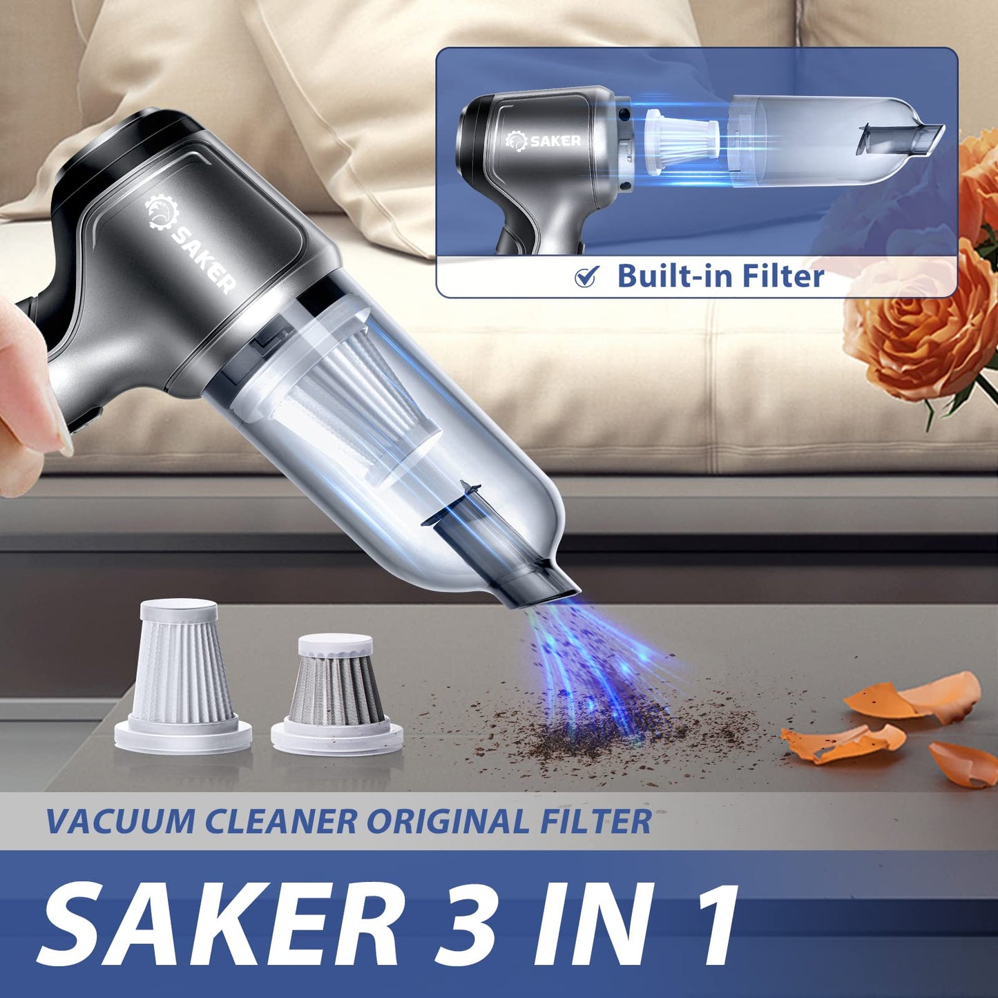 Saker Car Vacuum Cleaner Original Filter Set, 3 HEPA Filter and 1 Steel Filter, Adapted to Saker HL Series Handheld Vacuum Cleaners,Robust and Durable, Washable 4PCS