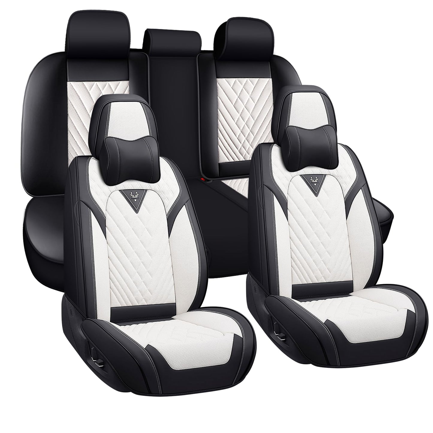 Leather Seat Covers Full Set with Pillow,5 Seats Universal Car Seat Protectors,Easy to Install Cover Set,Waterproof Car Seat Covers Car Seat Cushion Fit for Most Cars SUVs Trucks(5 Seats,Black-White)